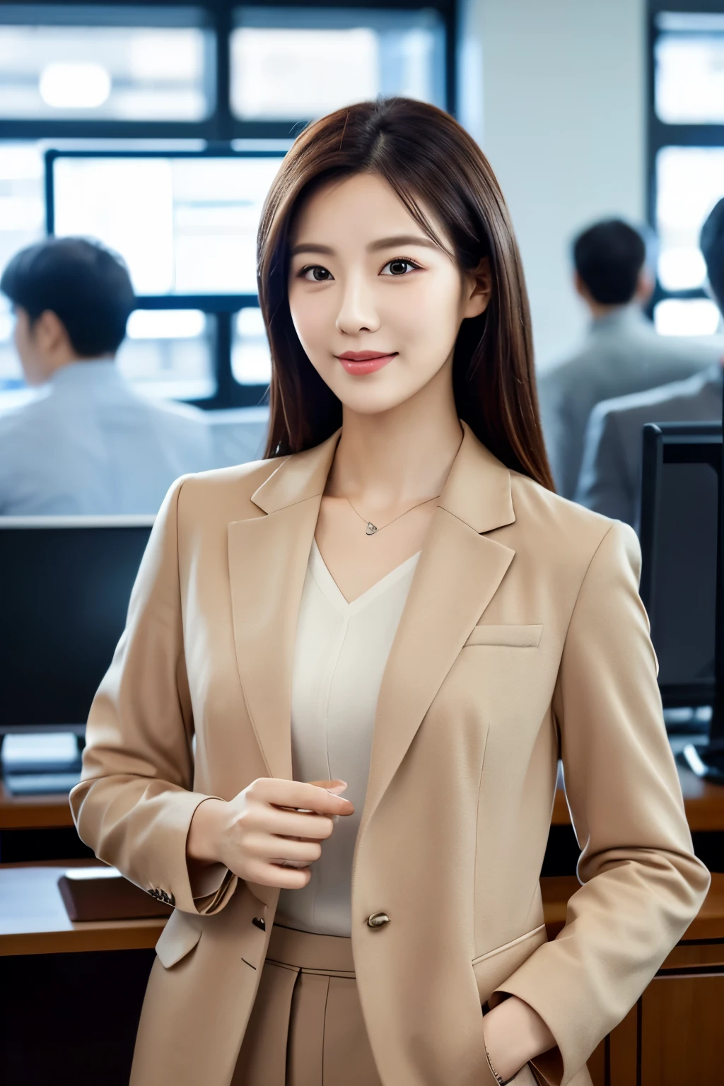 High-res, Realistic portrait of professional korean office lady with perfect skin，Professional suits，Women's suits，stand posture，The upper part of the body，Women in the workplace，Show confidence and maturity, Surrounded by a modern corporate environment, Vibrant and naturally lit highlights. The artwork should emphasize her elegant facial features, Including charming long eyes, Fluttering eyelashes and seductive lips. The scene should be enhanced with elements of professionalism and visual appeal，For example, Stylish work desk, Mainframe computers, High-resolution display, and complex stationery. The overall tone should be warm and professional, Has a soft and natural color palette. The artwork should exude a sense of professionalism, Success, and cultural pride，The background is blurred out