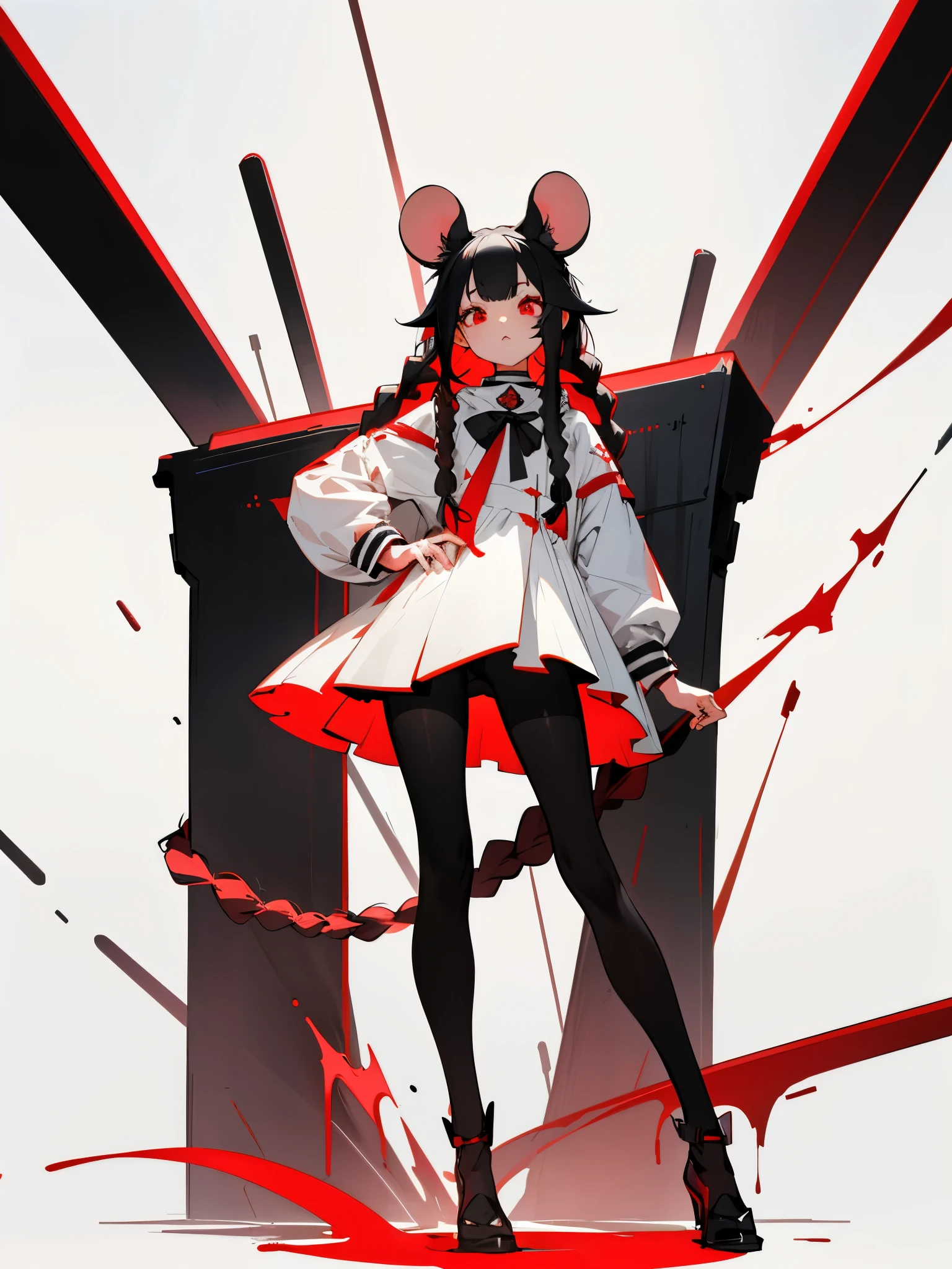 (best quality,highres),standing girl,front view,full body,black hair,white hair,red hair,red eyes,cat-like eyes,white background,simple background,blank background,white space,rat girl,long braids,straightforward,standing pose,high-resolution,black tights,no effects,symmetrical, front, symmetry, mouse ear