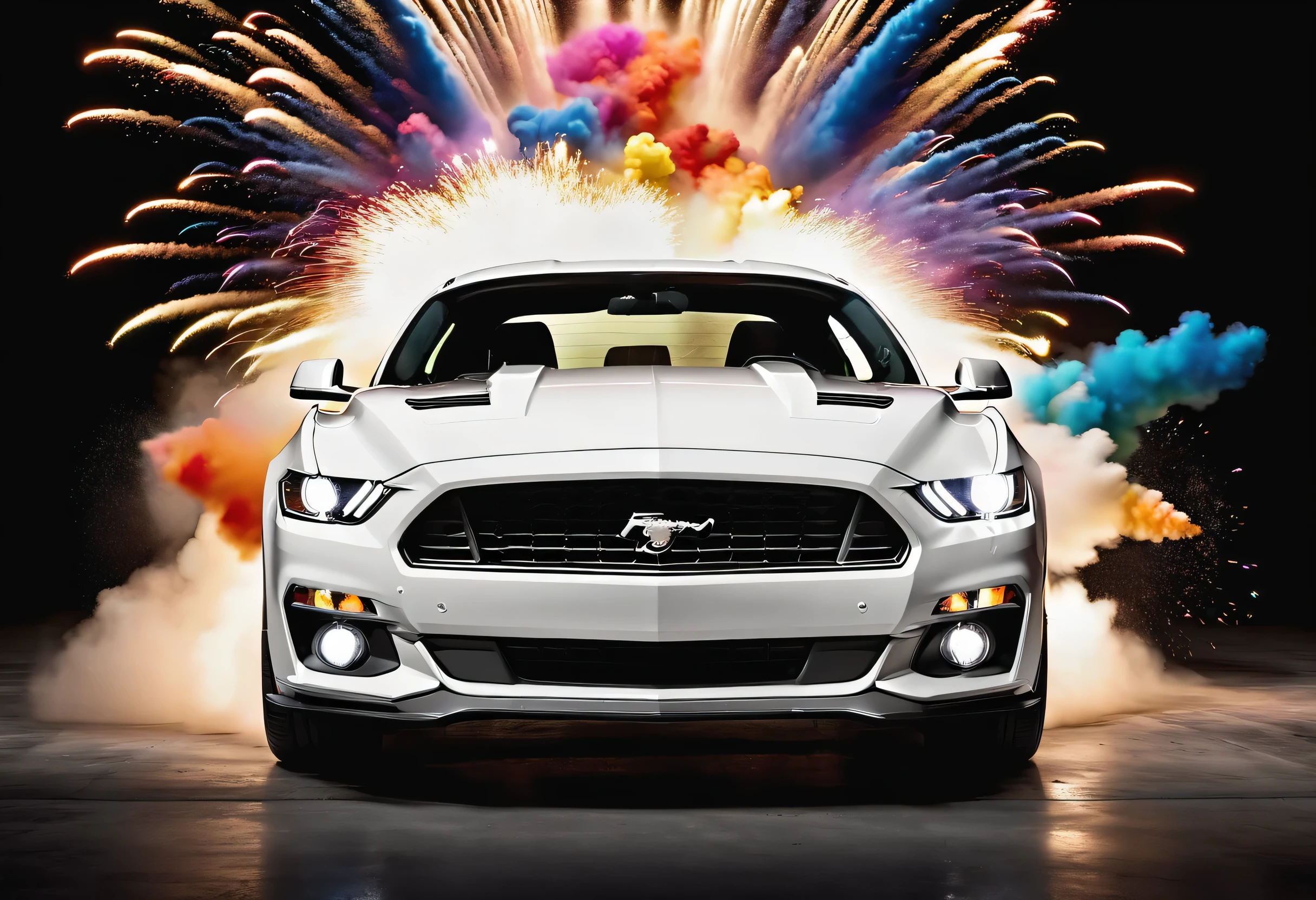 Ford Mustang, 2018, couleur blanc, photo studio fond noir, vue de face, multicolored explosions in the background