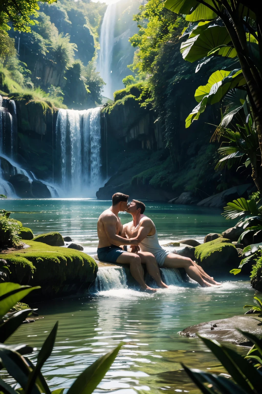 hyper realistic detail photo of two muscular men laying and romance kissing on the grass, jungle, waterfall, full color of flowers, soft light, deep focus, bokeh, soft focus, solar flare on the water, The sun is shining through the leaves