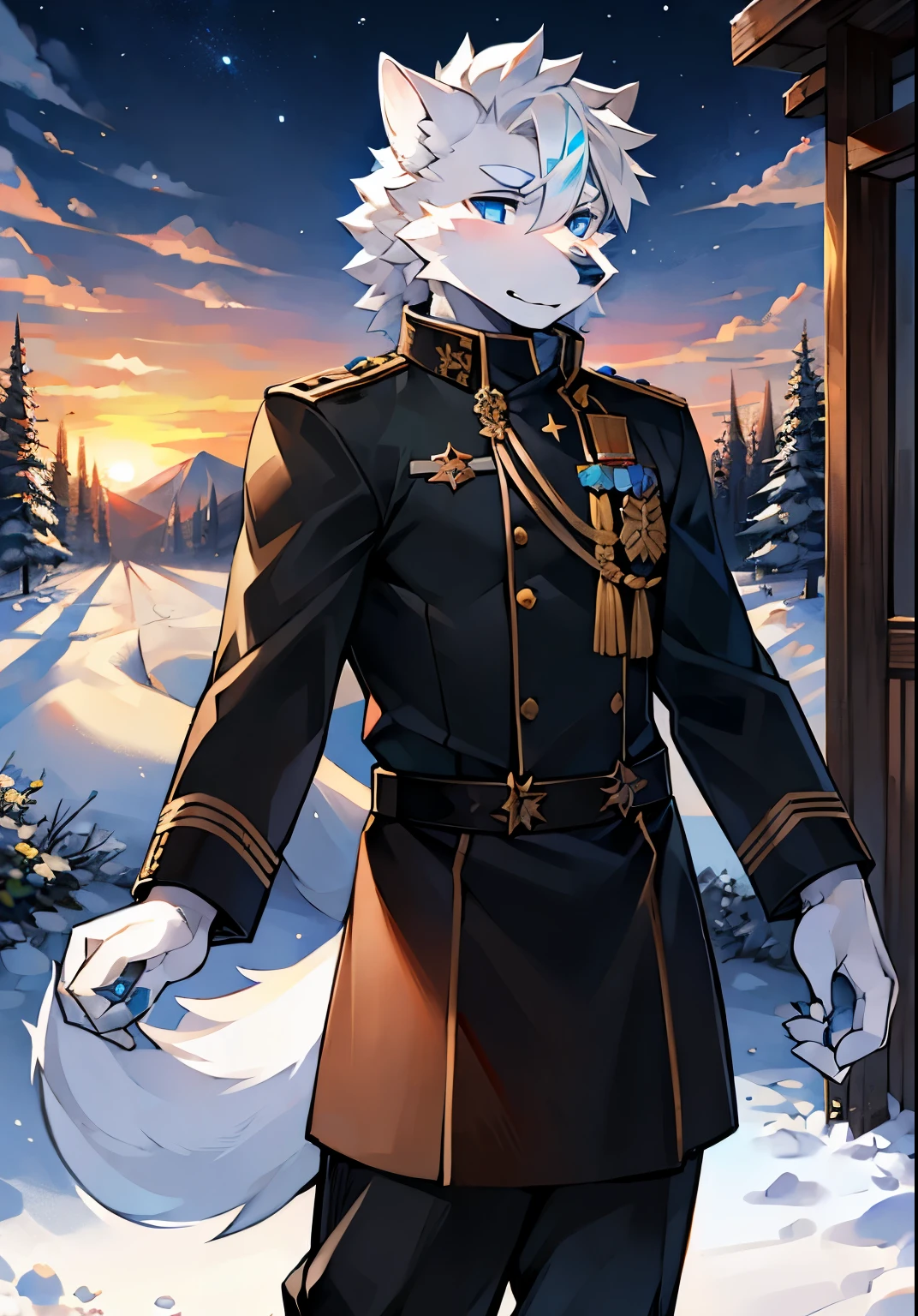 white wolf,Black military dress,blue pupils,male,a piece of snow,sunset。