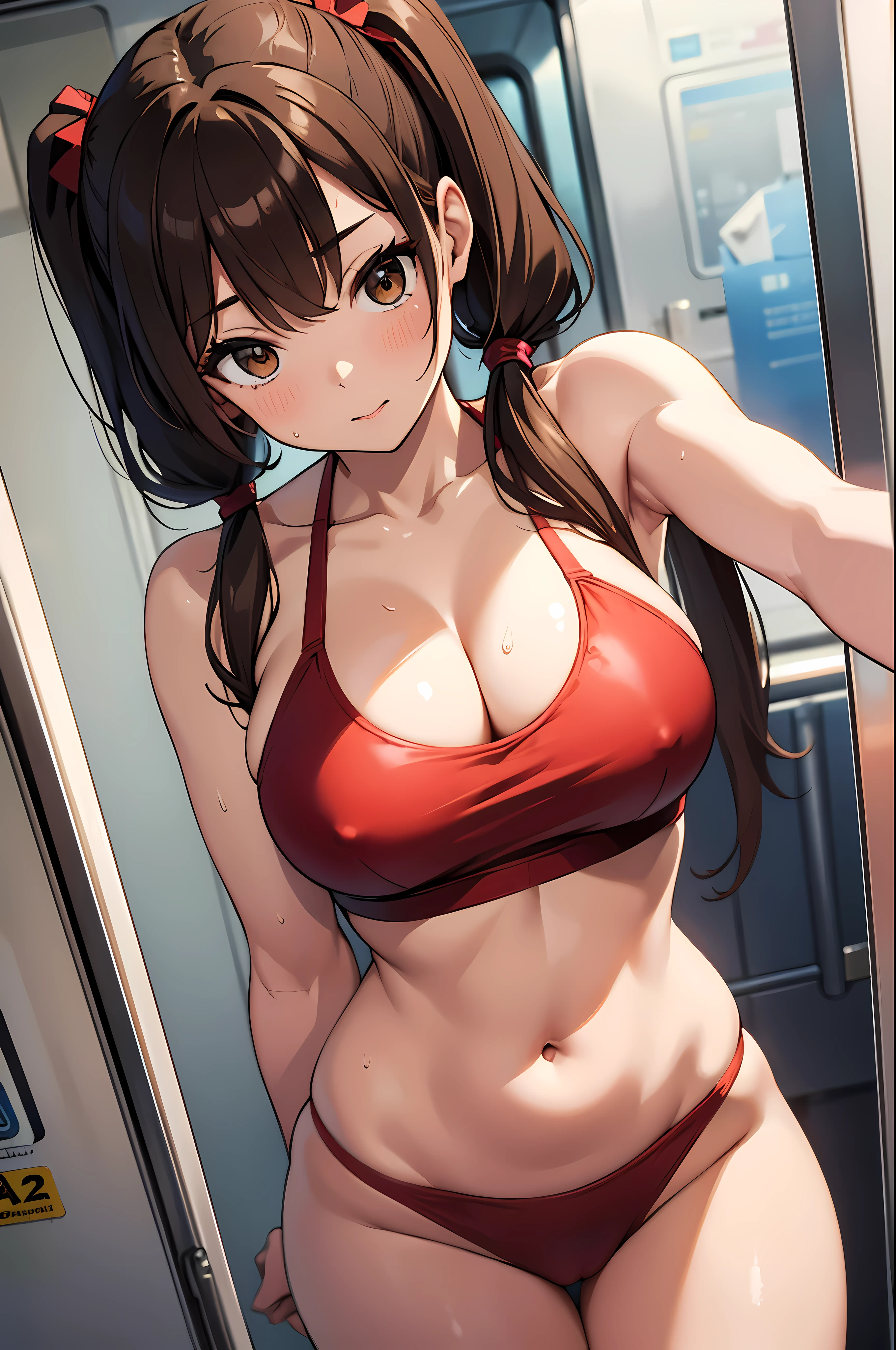 (best quality best,4K,8 thousand,high resolution,masterpiece:1.2),Ultra-detailed,(In fact,In reality,In reality:1.37),ultra hd face, high dynamic range,hyper hd,studio lighting,Ultra-fine painting,sharp focus,Physically Based Rendering,extremely detailed description,japanese comics, ((long brown hair with pigtails)), (selfie:1.3), wearing a red bikini, (milf), High-quality scanning, Swimsuit models, sexy style, advanced, fair skin, chest is bigger than shoulder blades, fitness model, The waist is thin and the legs are thick., The pelvis is larger than the shoulder blades, reddened cheeks, (laborious), Just look at the viewers, (standing on the train) , (big bust:1.3) , (wide hips:1.3) , Smartphone , attractive , busty 