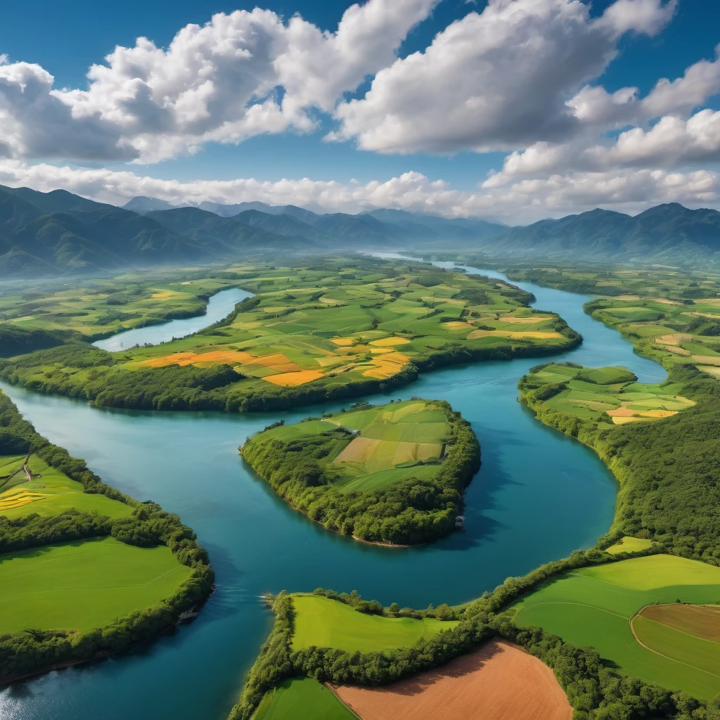 Aerial View, aesthetic, extremely detailed, (best quality,4k,8k,highres,masterpiece:1.2),ultra-detailed,realistic,professional,aerial view,landscape,panoramic view,farmland,rolling hills,majestic mountains,sunlit clouds,vivid colors,soft sunlight,crystal clear river,winding roads,splendid nature,peaceful atmosphere,serene beauty,harmonious composition,strong perspective,distant horizon,impressive depth of field,immersive experience