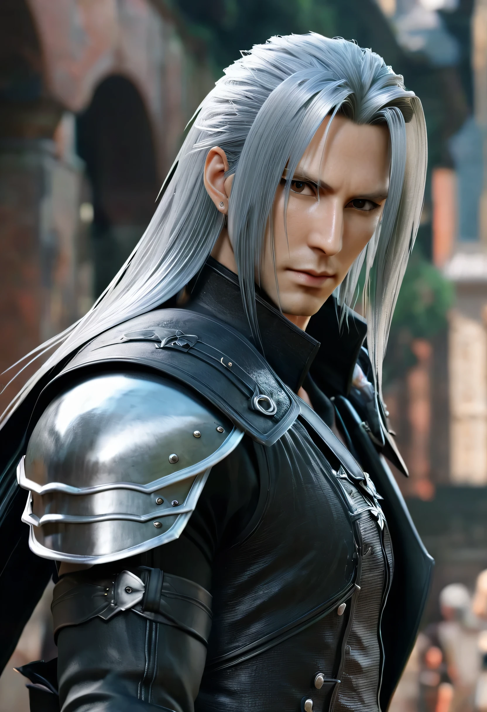 Uma imagem realista de corpo inteiro de um Sephiroth de FFVII Rebirth, in a war scenario, rosto detalhado, olhos detalhados, perfect composition, linda, detalhada, intrincada, insanamente detalhada, octane rendering trend in artstation, 8K, obra de arte