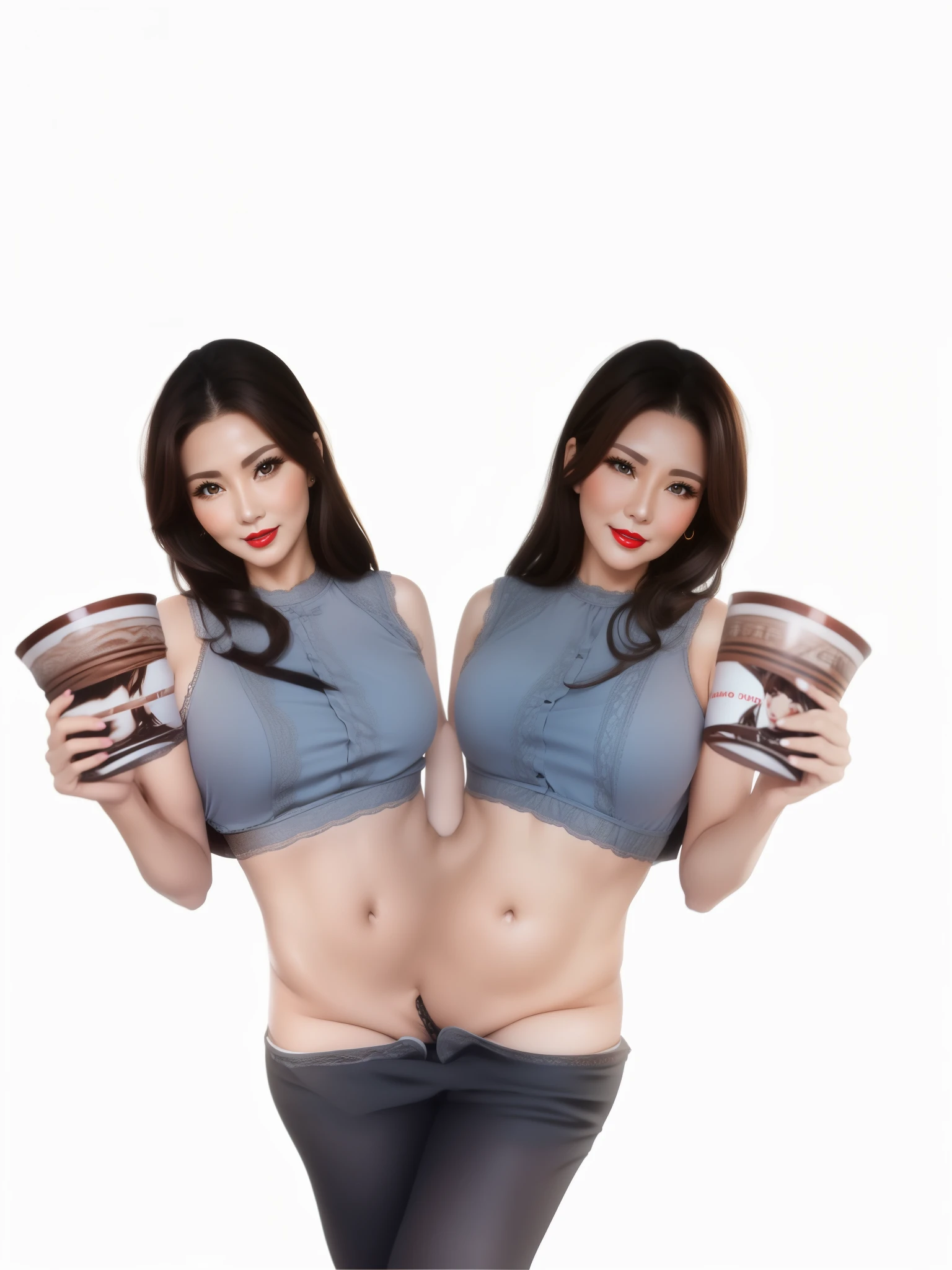 2 heads,Photo of a 50 year old woman with brown hair, captivating gaze, brown eyes, wrinkles on her face, black pantyhose,black high heel boots,she wears very sexy lingerie underwear、、reveals her big saggy breasts, light makeup and red lips. 32K
