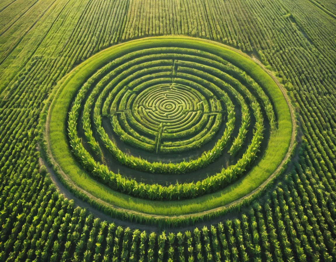 A captivating aerial drone shot of a vast American cornfield, with a mysterious crop circle at its center. The rows of corn stretch out in perfect symmetry, forming an intricate pattern that leads to the enigmatic design of the circle. The cornstalks are a lush green, contrasting with the golden hues of the surrounding landscape. Shadows dance across the field, creating an otherworldly atmosphere that envelops the scene. The crop circle, with its intricately woven design, stands out against the sea of crops, inviting viewers to ponder the unknown. The artwork captures the intersection of nature and the unexplained, offering a unique and captivating perspective on the rural landscape.