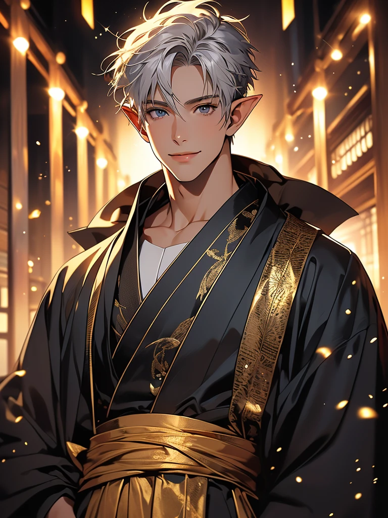 (masterpiece, very high quality photo, CGI effect, lighting effect, shading effect), a male elf, bright gray eyes, short platinum hair, (wearing a black kimono with gold details), a brown scarf wrapped around his neck, white yukata over the kimono, (a confident smile on his face, a look of victory)