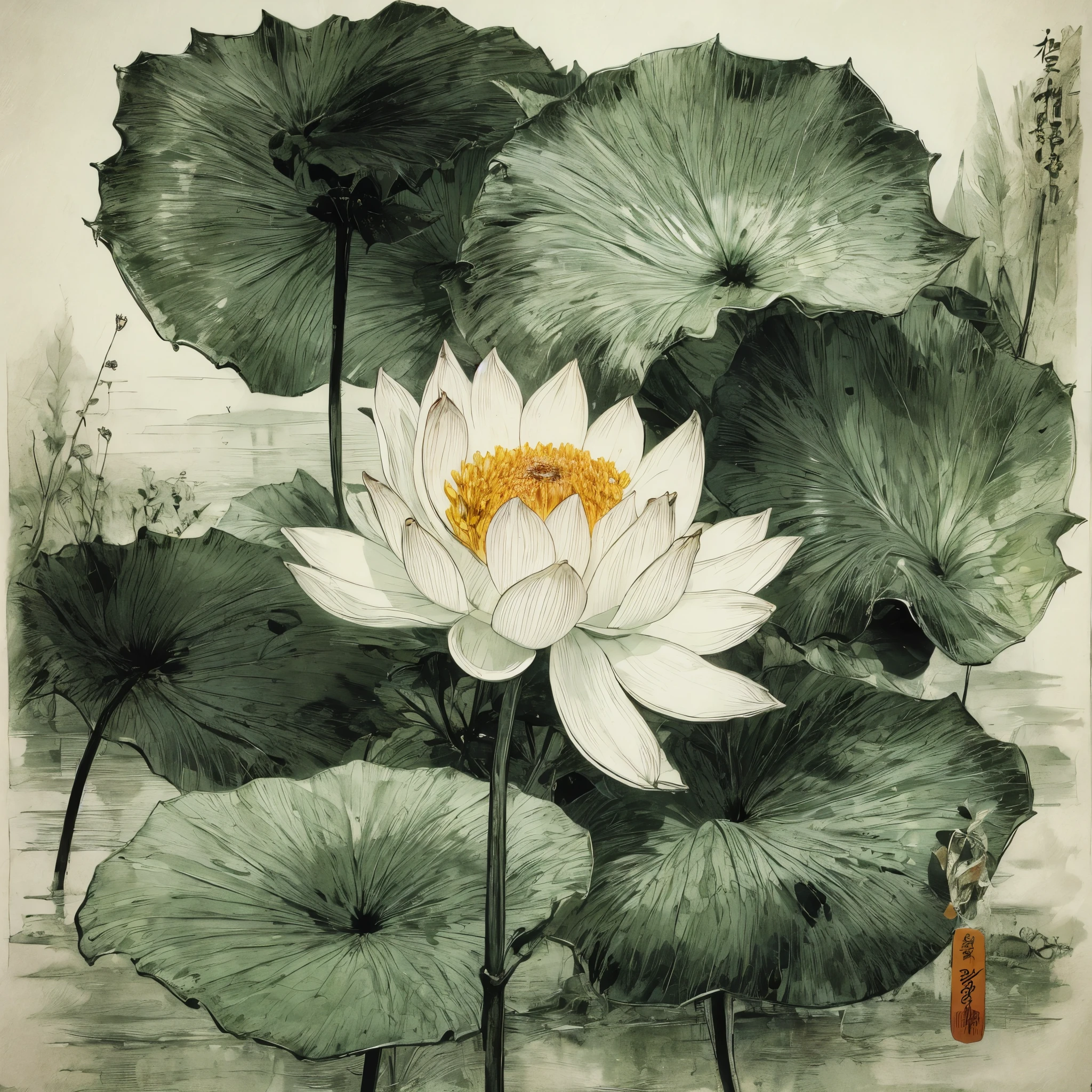 Chinese traditional ink painting，black lotus，lotus leaf