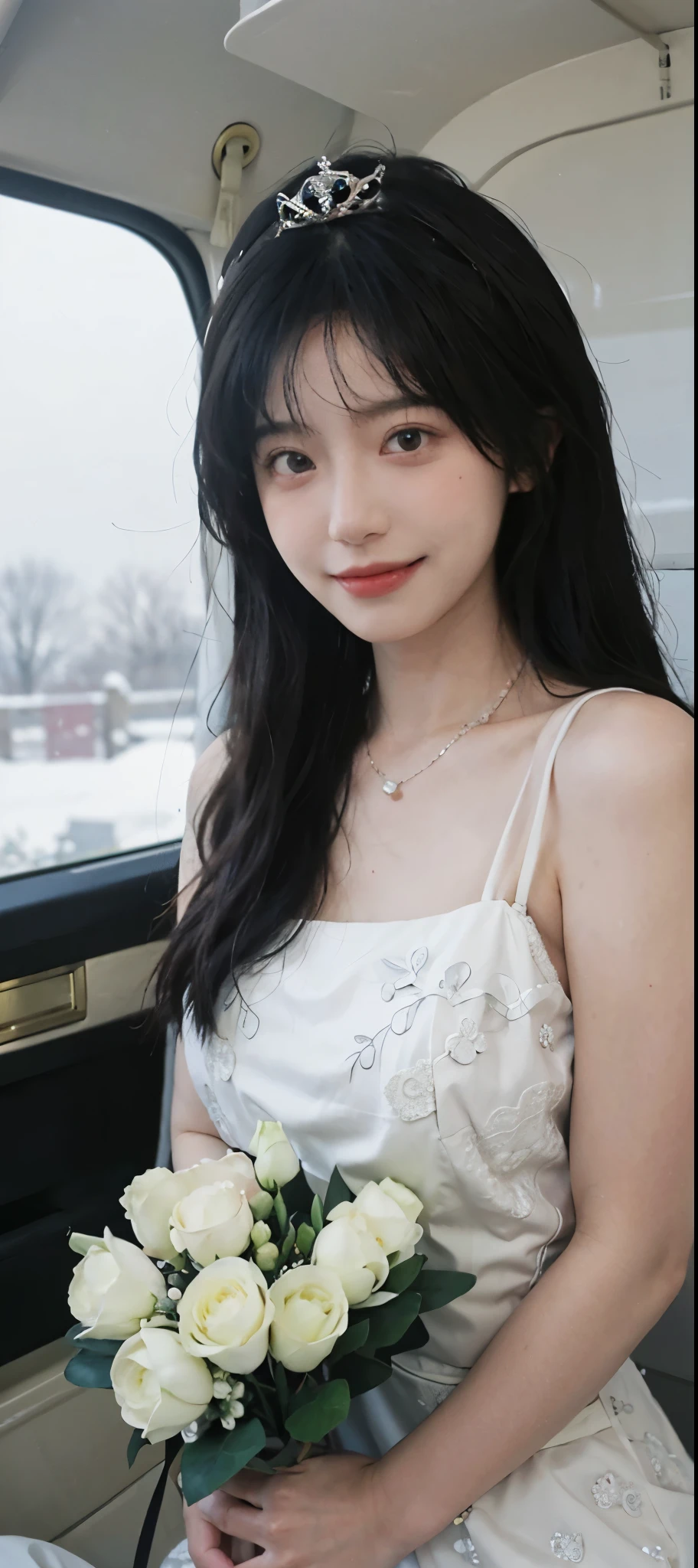 best quality,masterpiece,ultra high resolution,(realistically:1.4),2 girls,blink,Large wavy curls,crown,charming smile,double eyelids,A pair of peach blossom eyes,Snow-white lace wedding dress,pure,necklace,Lovely,Skin white and translucent,Looking directly at the viewer,On a helicopter,full of atmosphere,hairpin:1.4,(upper part of body:1.4),