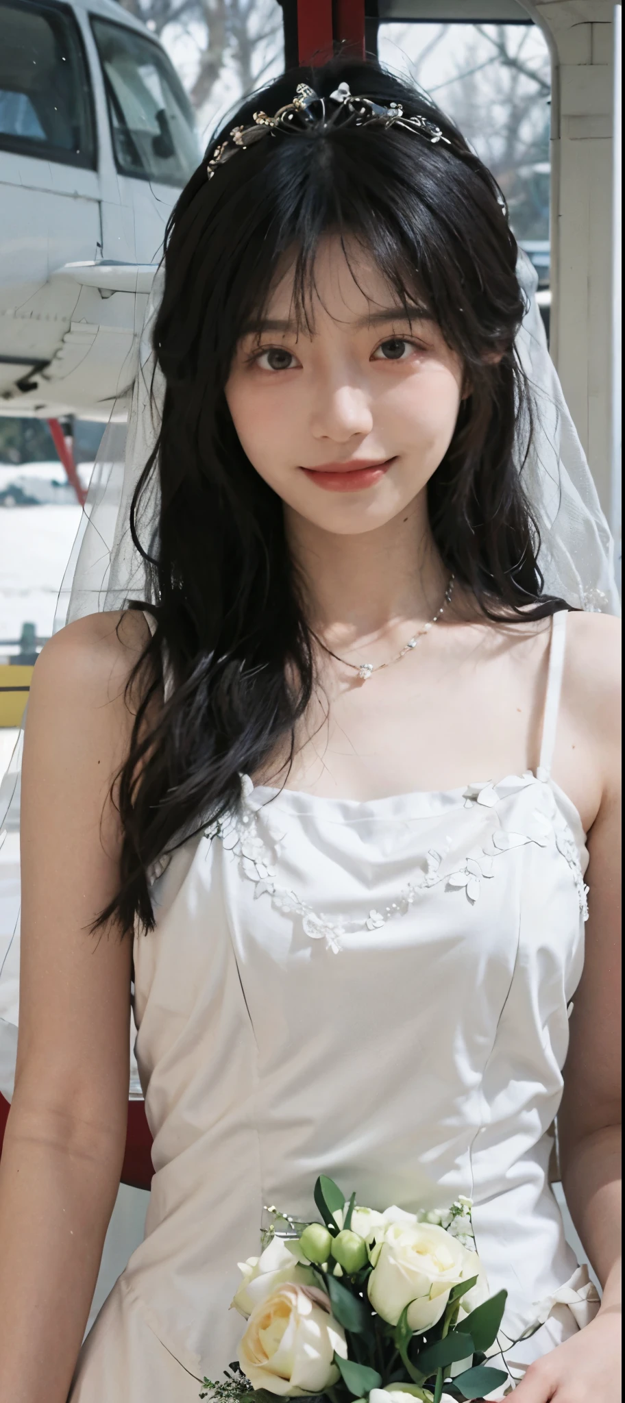 best quality，masterpiece，ultra high resolution，（realistically：1.4），2 girls，blink，Large wavy curls，crown，charming smile，double eyelids，A pair of peach blossom eyes，Snow-white lace wedding dress，pure，necklace，Lovely，Skin white and translucent，Looking directly at the viewer，On a helicopter，full of atmosphere，hairpin：1.4，（upper part of body：1.4），