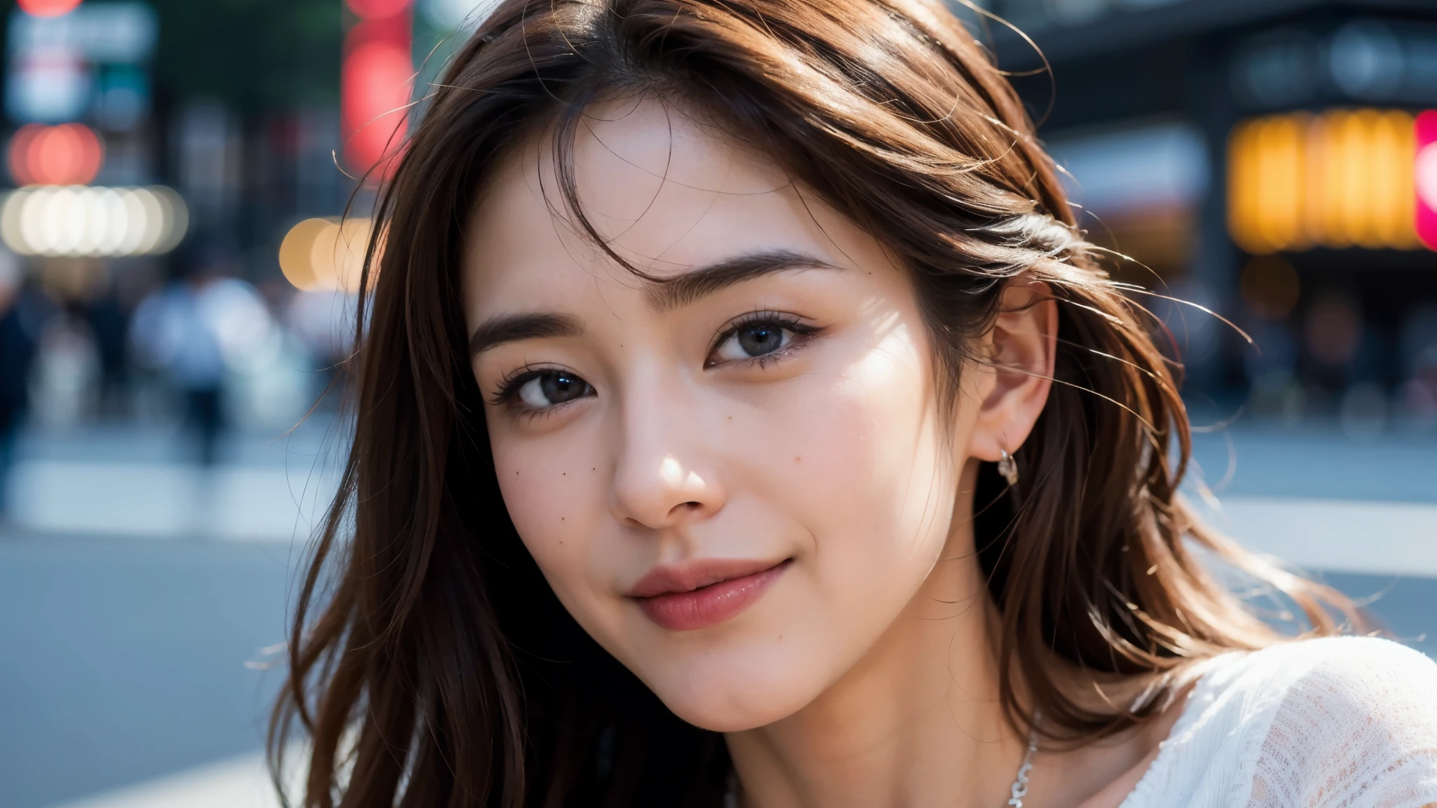 masterpiece, Best Quality, Photorealistic, Ultra-detailed, finely detailed, High resolution, 8K Wallpaper, 1 beautiful woman, light brown hair, sharp focus, Perfect dynamic composition, Beautiful detailed eyes, detailed hairs, Detailed realistic skin texture, Smiling, portrait, Model body type, Take a walk in Tokyo city,