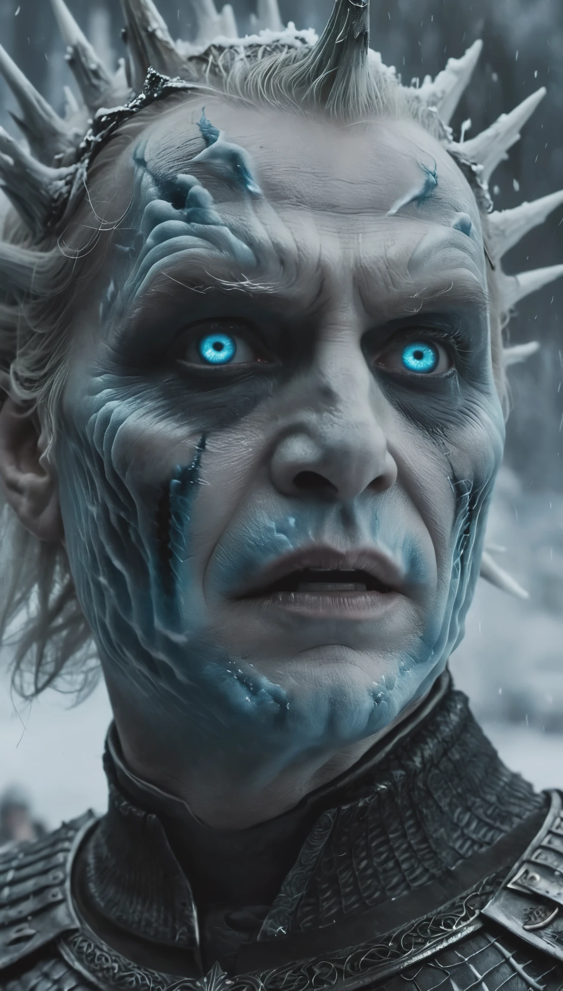 role conception,portrait,The appearance of the Night King is full of mystery、Cold and strong sense of power,The appearance of the Night King is very unique。His face is like a withered bone,Gives people a dead and cold feeling。His figure is like a long sword,Tall and straight,Revealing a kind of majesty and strength。His skin is whiter than milk,In stark contrast to his overall image。 The Night King's eyes are deep blue,Burning coldly like black ice,It gives an unfathomable feeling。There was a kind of coldness and cruelty in his eyes,suddenly white as fresh snow,Suddenly dark as a long night,Like the ever-changing night sky。The body is dotted with the deep gray green of the foreseems to be telling his mystery and power。 The weapon in the Night King's hand emits a strange faint blue light,A light that seems to shine in the darkness。In a fight,His weapons make sounds like animal wails that exceed the limits of human hearing.,It's scary。When the Night King Meets His Nemesis Dragonglass,He will bleed blue blood,This is one of his unique physical characteristics。