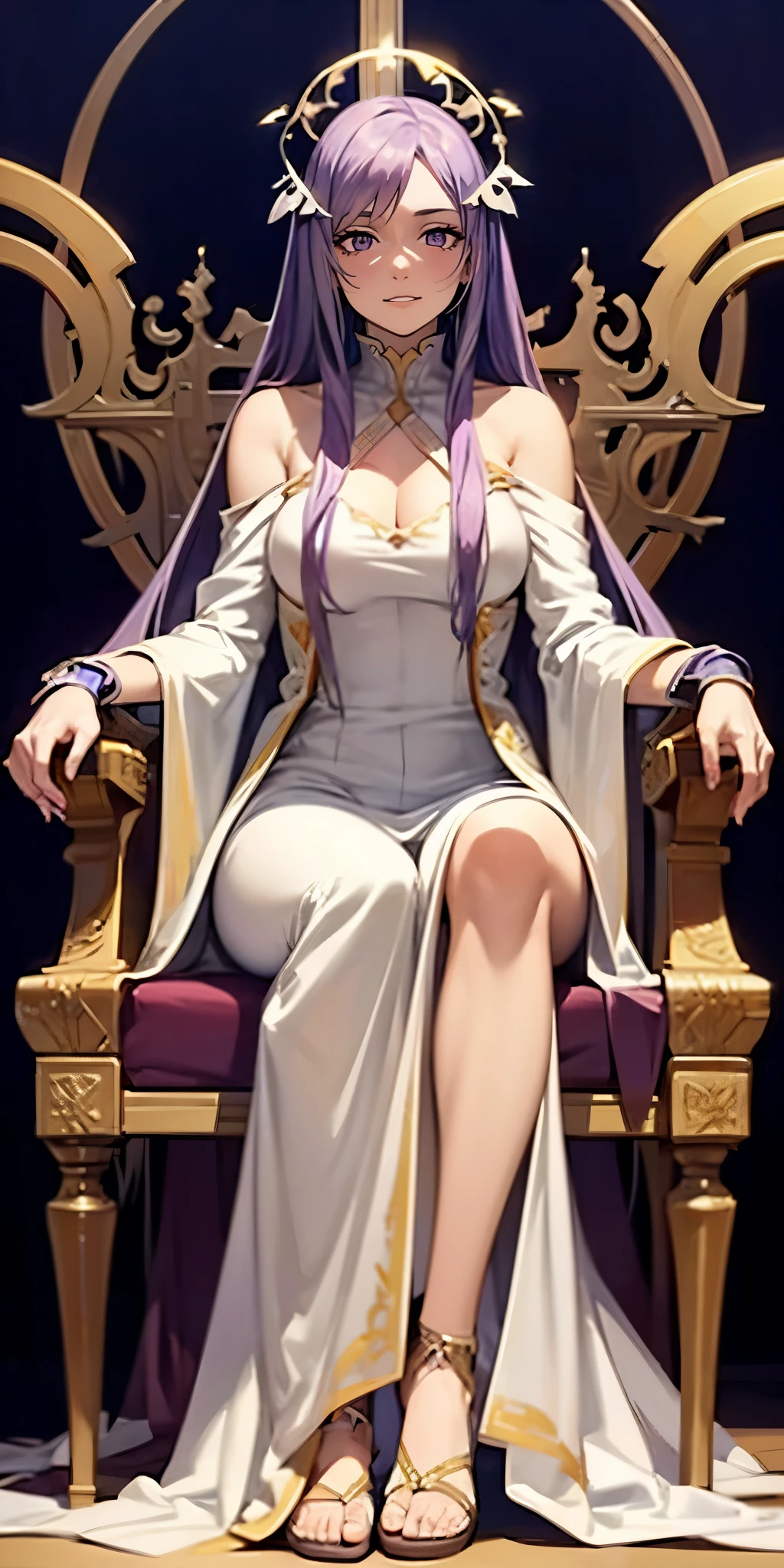 quinella, long hair, light purple hair, purple eyes, long hair, parted bangs, very long hair, hair ornament, 1girl, sitting, solo, jewelry, earrings, throne, dress, full_body, bare_shoulders, looking_at_viewer, crown, breasts, white_dress, simple_background, (shaded face:1.2), hollow eyes, purple eyes, looking at viewer, smirk, upper teeth, glowing eyes, "glow effects, godrays, Hand drawn, render, 8k, octane render, cinema 4d, blender, dark, atmospheric 4k ultra detailed, cinematic, Sharp focus, big depth of field, Masterpiece, colors, 3d octane render, 4k, concept art, trending on artstation, hyperrealistic, Vivid colors, extremely detailed CG unity 8k wallpaper, trending on CGSociety, Intricate, High Detail, dramatic"
