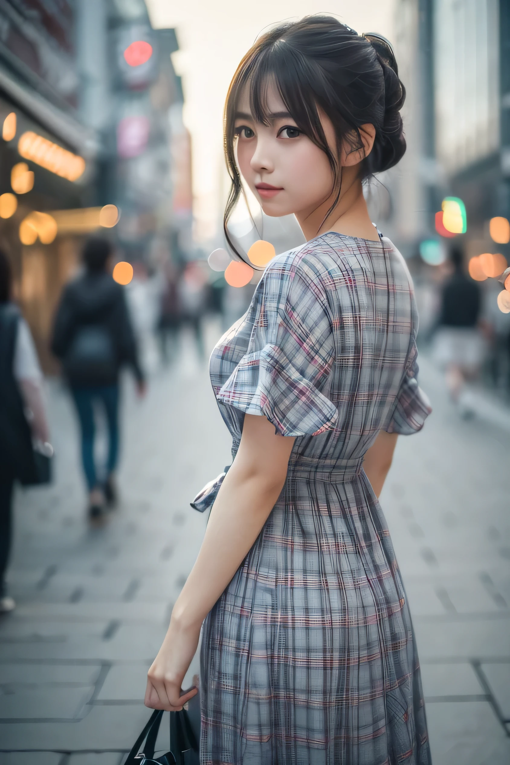 (8k、RAW photo、highest quality、masterpiece:1.2)、(genuine、フォトgenuine:1.4)、(Highly detailed 8k wallpaper)、sharp focus、written boundary depth,blur background,Bokeh,cinematic lighting,soft light、whole body、25 year old Japanese woman、standing in the street　Grey plaid dress