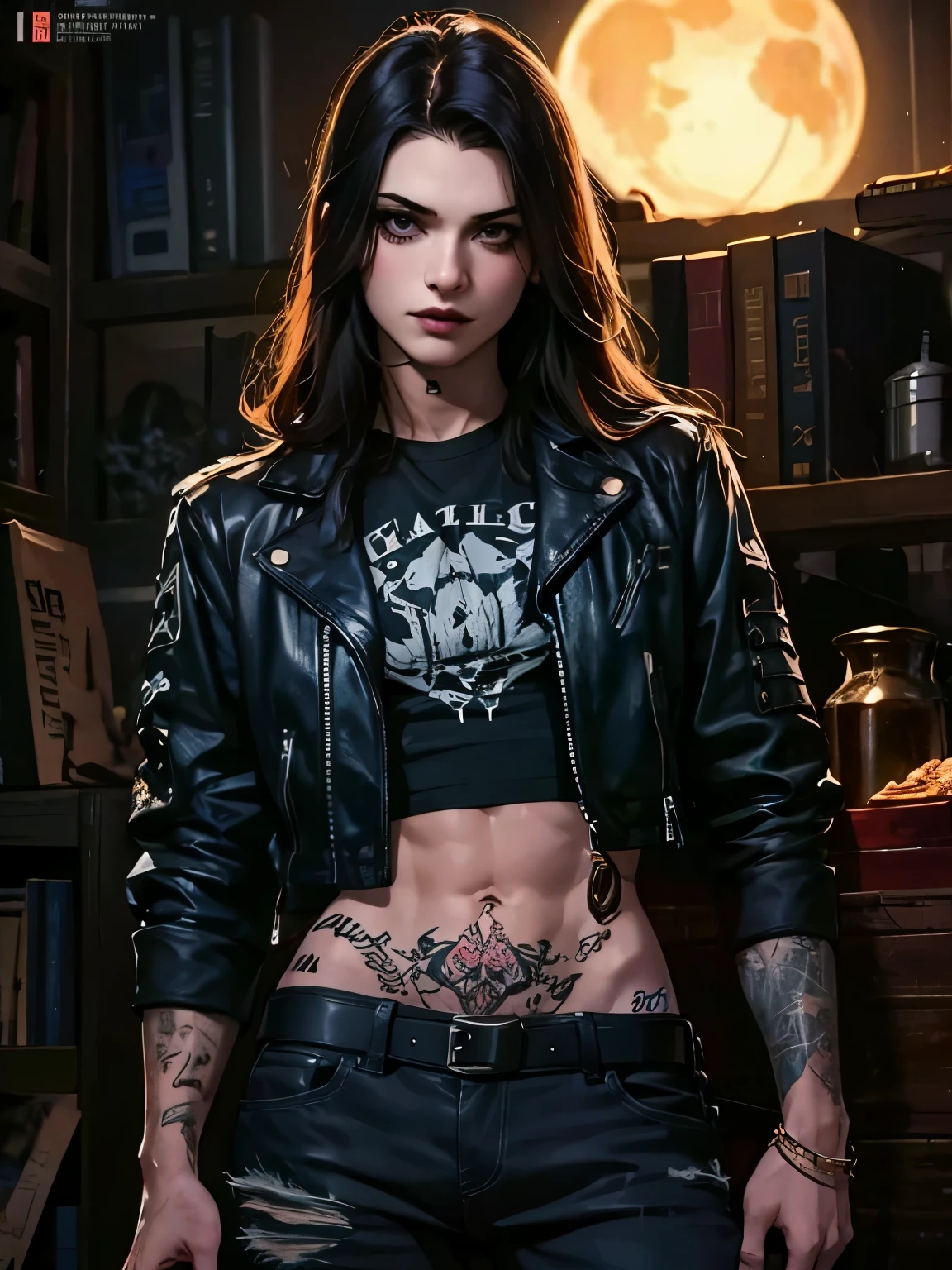 Best Quality,Masterpiece,Ultra High Resolution,(Realisticity:1.4),Original Photo,Cinematic Lighting, 1girl, solo, Metalhead Style girl at night under the moonlight, tattooed, wearing ripped black pants, black clothes, fit Hot body, heavy metal style, photography, heavy metal concert. realistic, datailed, detailed face, 4K.
