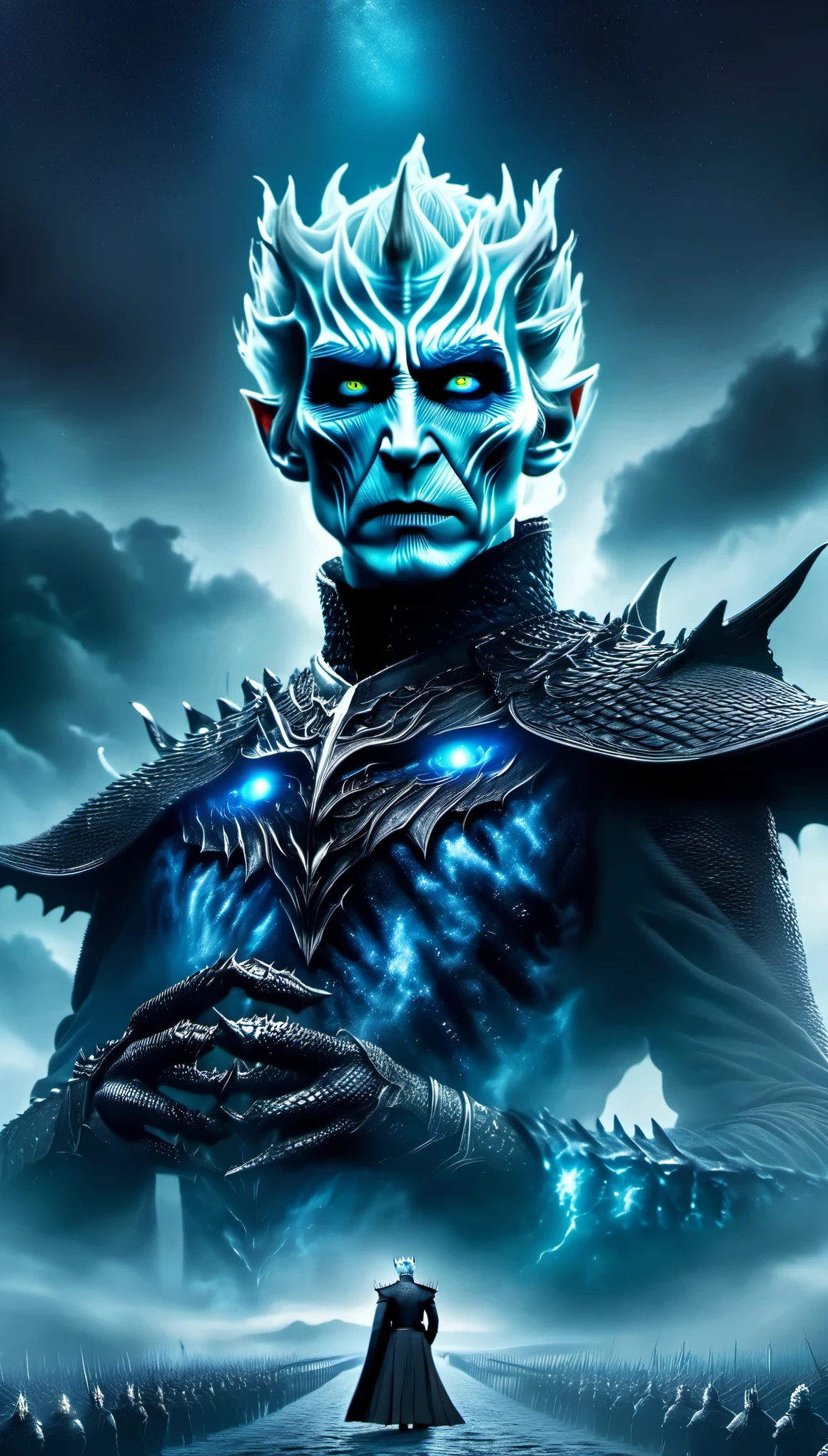 role conception，portrait，The appearance of the Night King is full of mystery、Cold and strong sense of power，The appearance of the Night King is very unique。His face is like a withered bone，Gives people a dead and cold feeling。His figure is like a long sword，Tall and straight，Revealing a kind of majesty and strength。His skin is whiter than milk，In stark contrast to his overall image。 The Night King&#39;s eyes are deep blue，Burning coldly like black ice，It gives an unfathomable feeling。There was a kind of coldness and cruelty in his eyes，suddenly white as fresh snow，Suddenly dark as a long night，Like the ever-changing night sky。The body is dotted with the deep gray green of the foreseems to be telling his mystery and power。 The weapon in the Night King&#39;s hand emits a strange faint blue light，A light that seems to shine in the darkness。In a fight，His weapons make sounds like animal wails that exceed the limits of human hearing.，It's scary。When the Night King Meets His Nemesis Dragonglass，He will bleed blue blood，This is one of his unique physical characteristics。