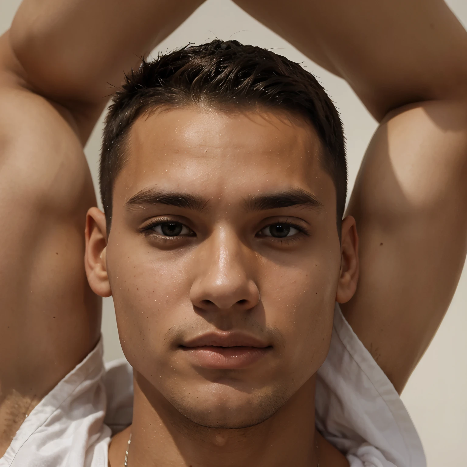 Face of 19 years old looking guy, tan skin tone with a buzz cut hair