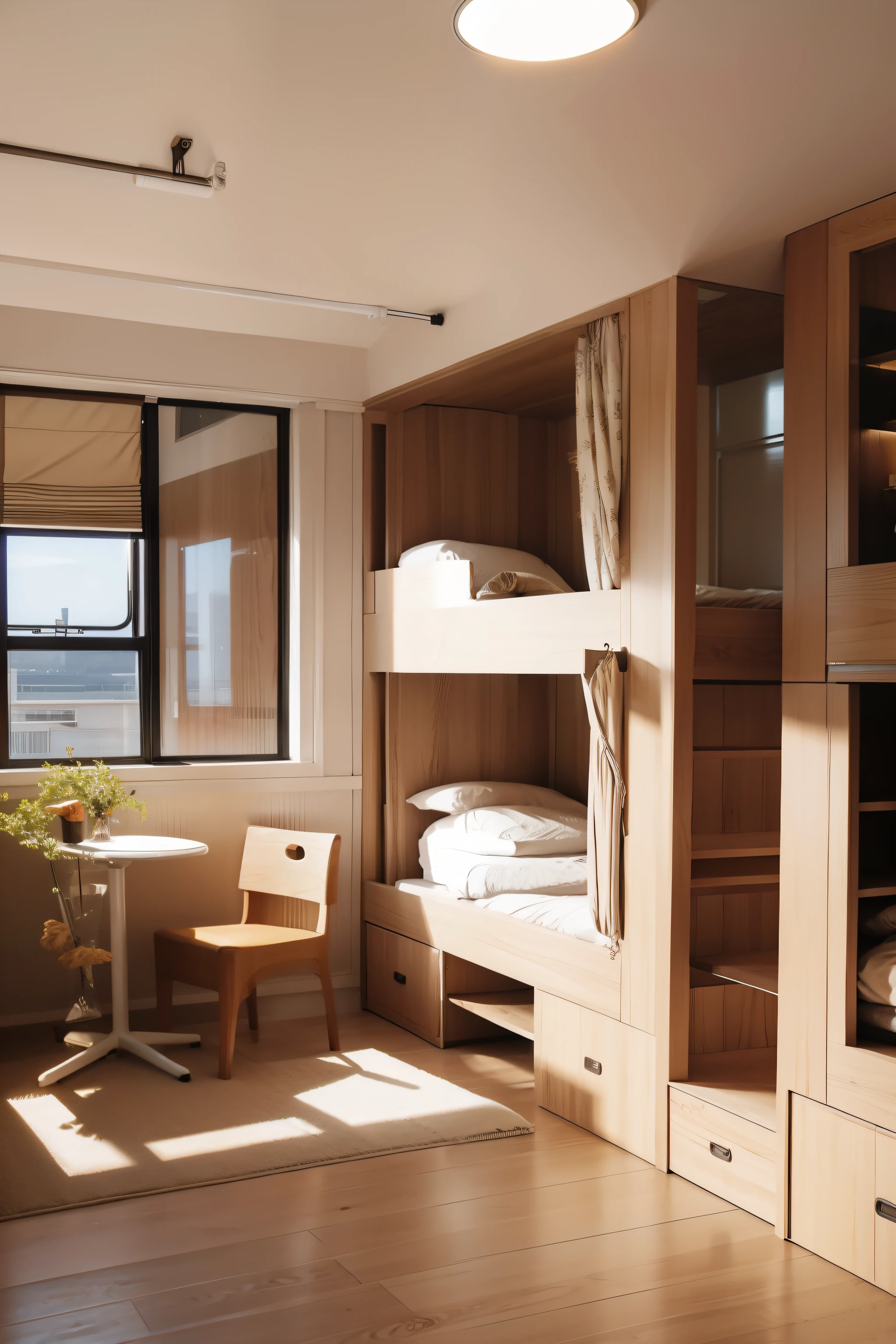 there are bunk beds in a room with a window and a table, capsule hotel, brightly lit room, bright room, filled with natural light, cream - colored room, ƒ / 8, ƒ/8, natural light in room, a room, sand - colored walls, a sunny bedroom, high - angle view, tons of rooms, with a bunk bed