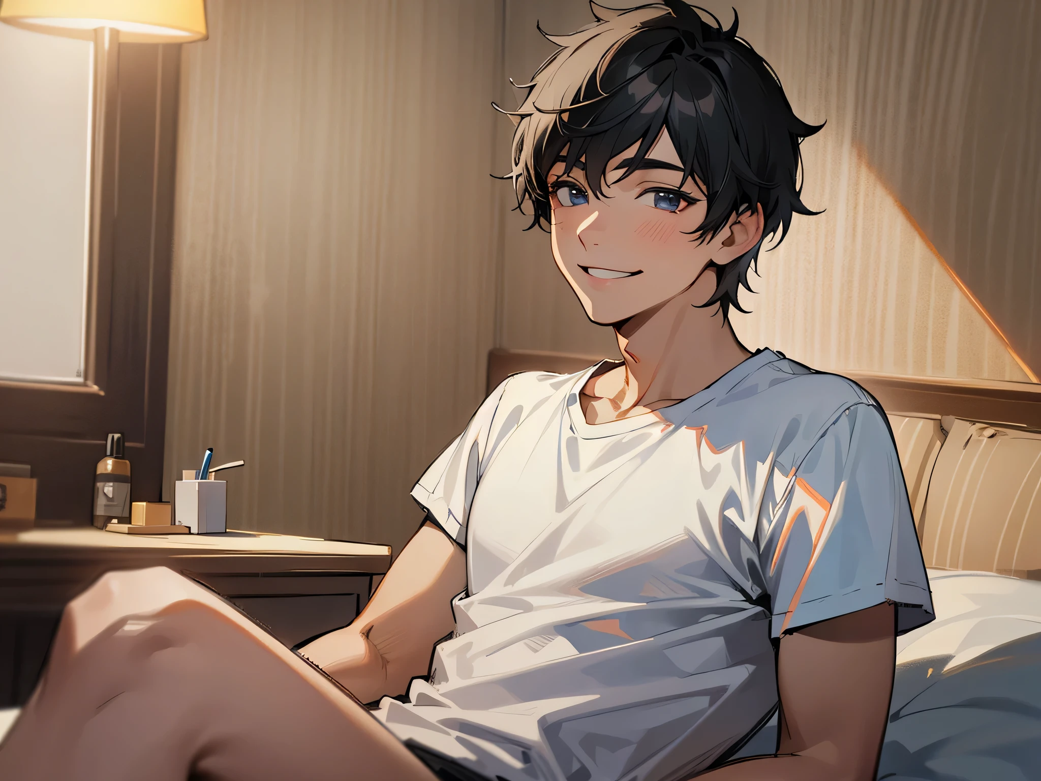 ,male,masterpiece, high quality, 最high quality, hd,perfect lighting, detailed face, detailed body, 1 person, short black hair, white t-shirt, (smile: 1.5), sitting, bed, in the room,((night))