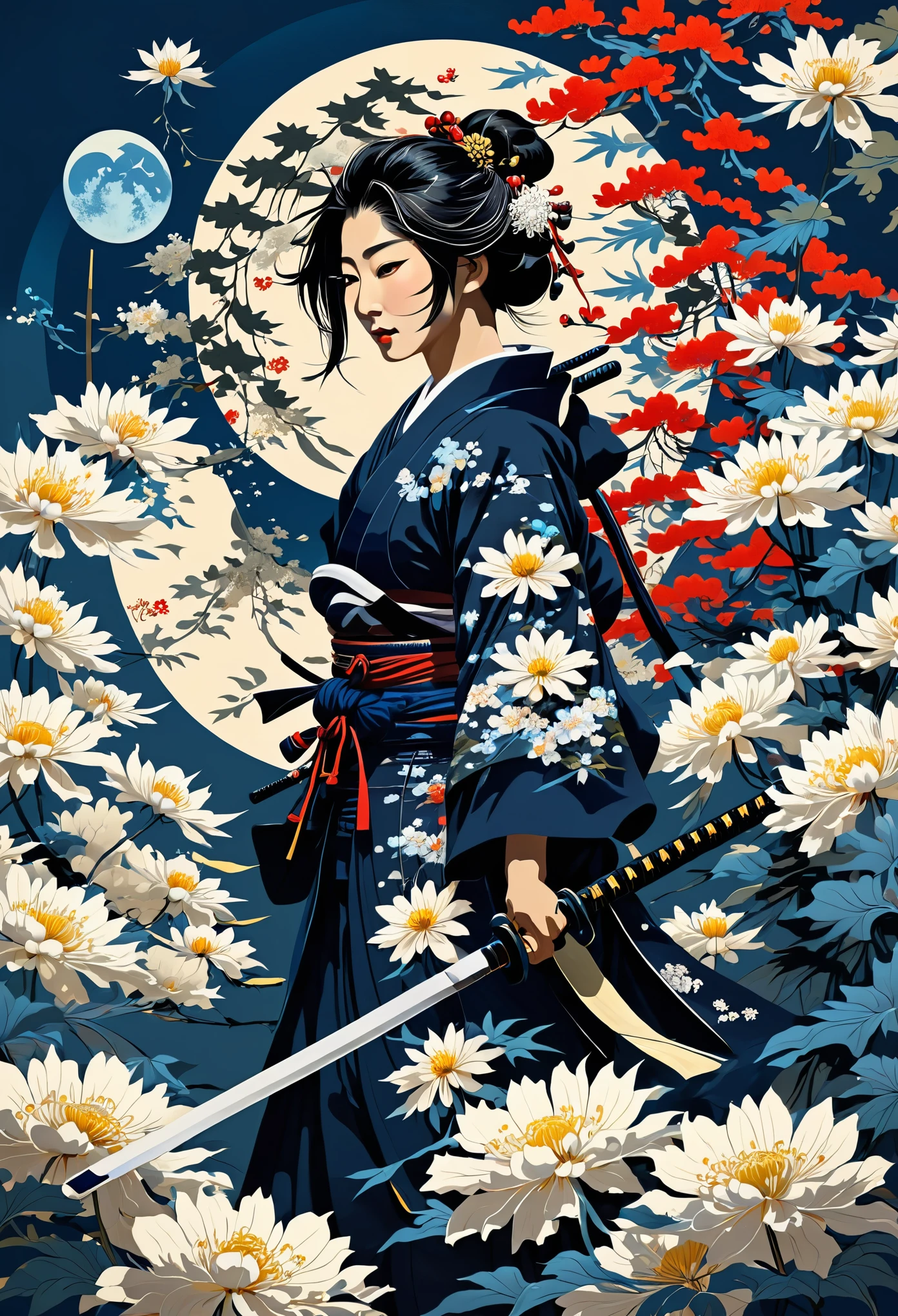Illustration of a female samurai holding a Japanese sword、I&#39;m about to attack you now、Japanese painting style、Swordsman&#39;s Aura、only one eye is open、Chrysanthemums are blooming in the background、dark blue background、moon、masterpiece、highest quality、Ultra high definition、golden ratio、max factor、