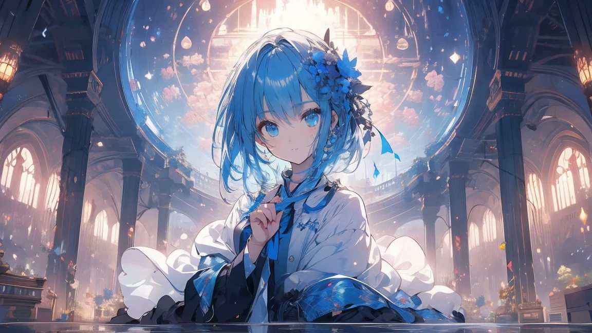 one girl、cute、water色の髪、masterpiece、highest quality、best image quality、water、美しいwater、uniform、string ribbon、white shirt