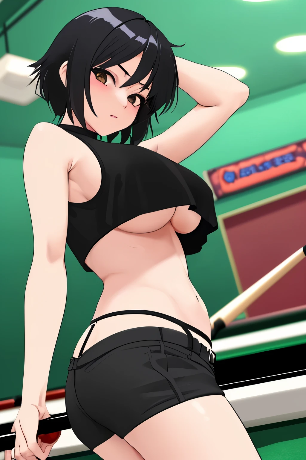 create a sexy underboob tanktop anime black haired girl playing billiard