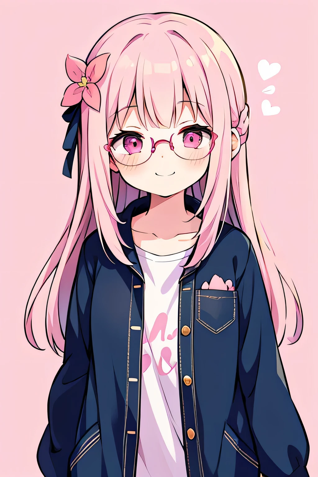 1girl, medium hair, pink hair, pink eyes, wearing casual outfit, pure long hair, in-house, hair flower ornaments, smile, wearing round glasses, close eyes, pink background
