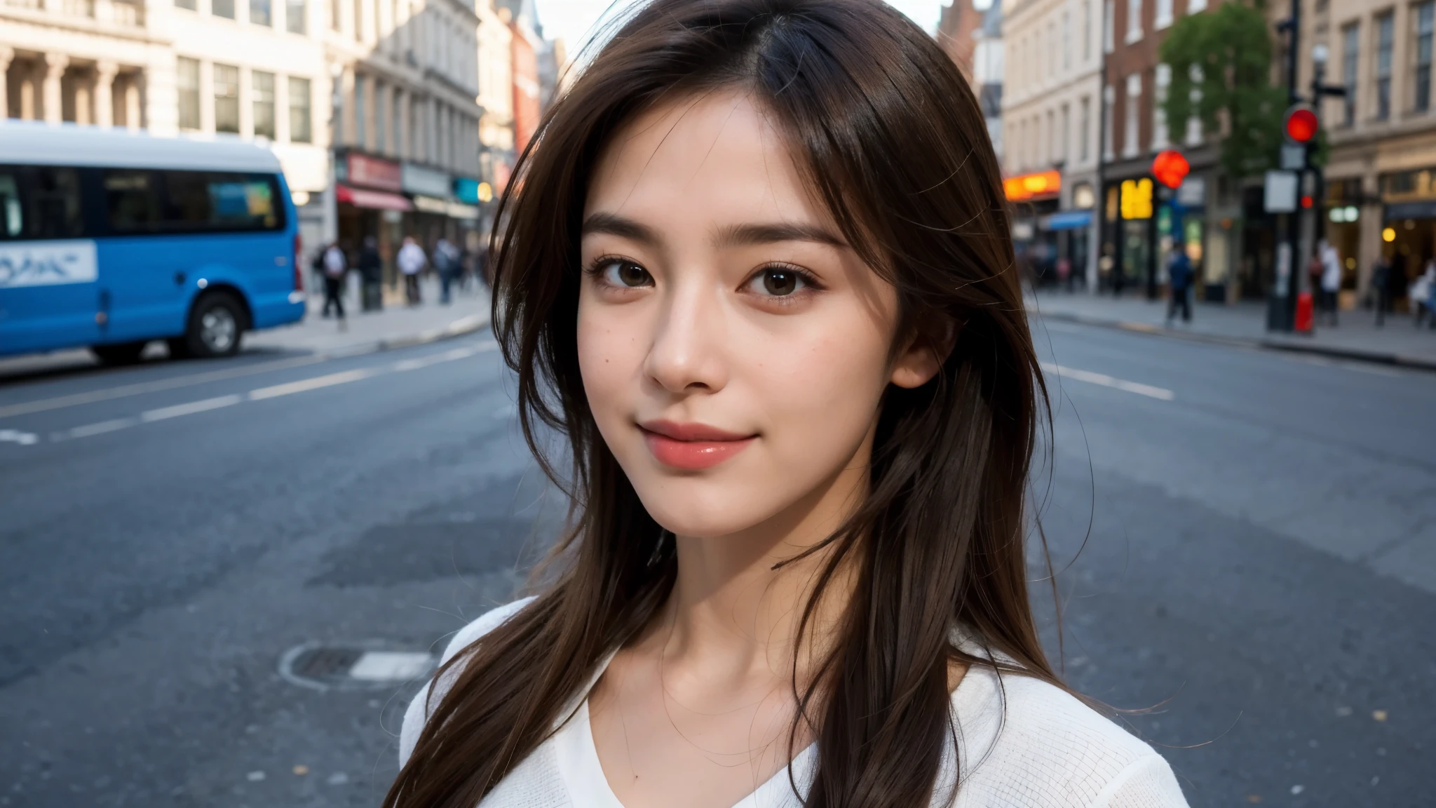 masterpiece, Best Quality, Photorealistic, Ultra-detailed, finely detailed, High resolution, 8K Wallpaper, 1 beautiful woman, light brown hair, sharp focus, Perfect dynamic composition, Beautiful detailed eyes, detailed hairs, Detailed realistic skin texture, Smiling, portrait, Model body type, Take a walk on the street of London,
