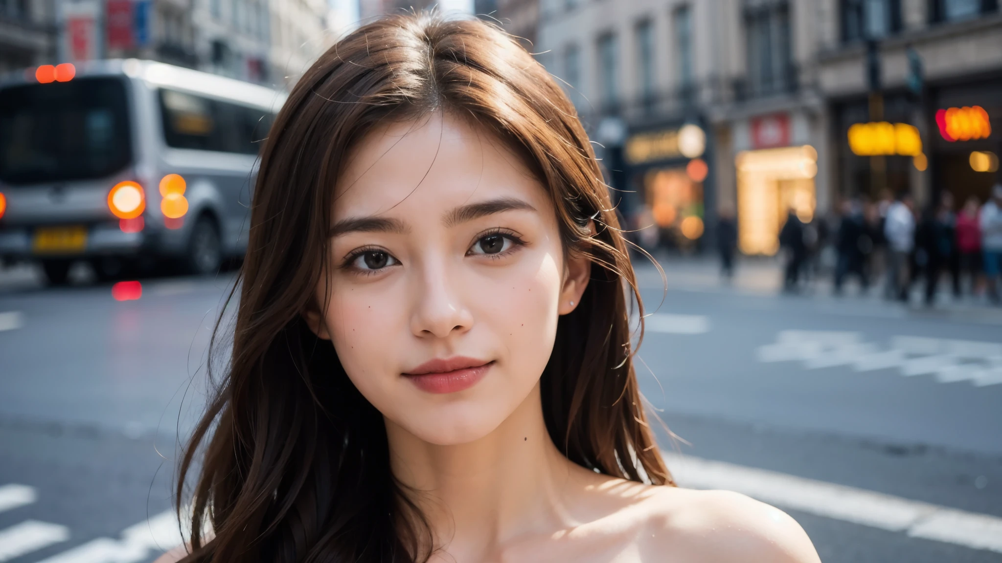 masterpiece, Best Quality, Photorealistic, Ultra-detailed, finely detailed, High resolution, 8K Wallpaper, 1 beautiful woman, light brown hair, sharp focus, Perfect dynamic composition, Beautiful detailed eyes, detailed hairs, Detailed realistic skin texture, Smiling, portrait, Model body type, Take a walk on the street of London,