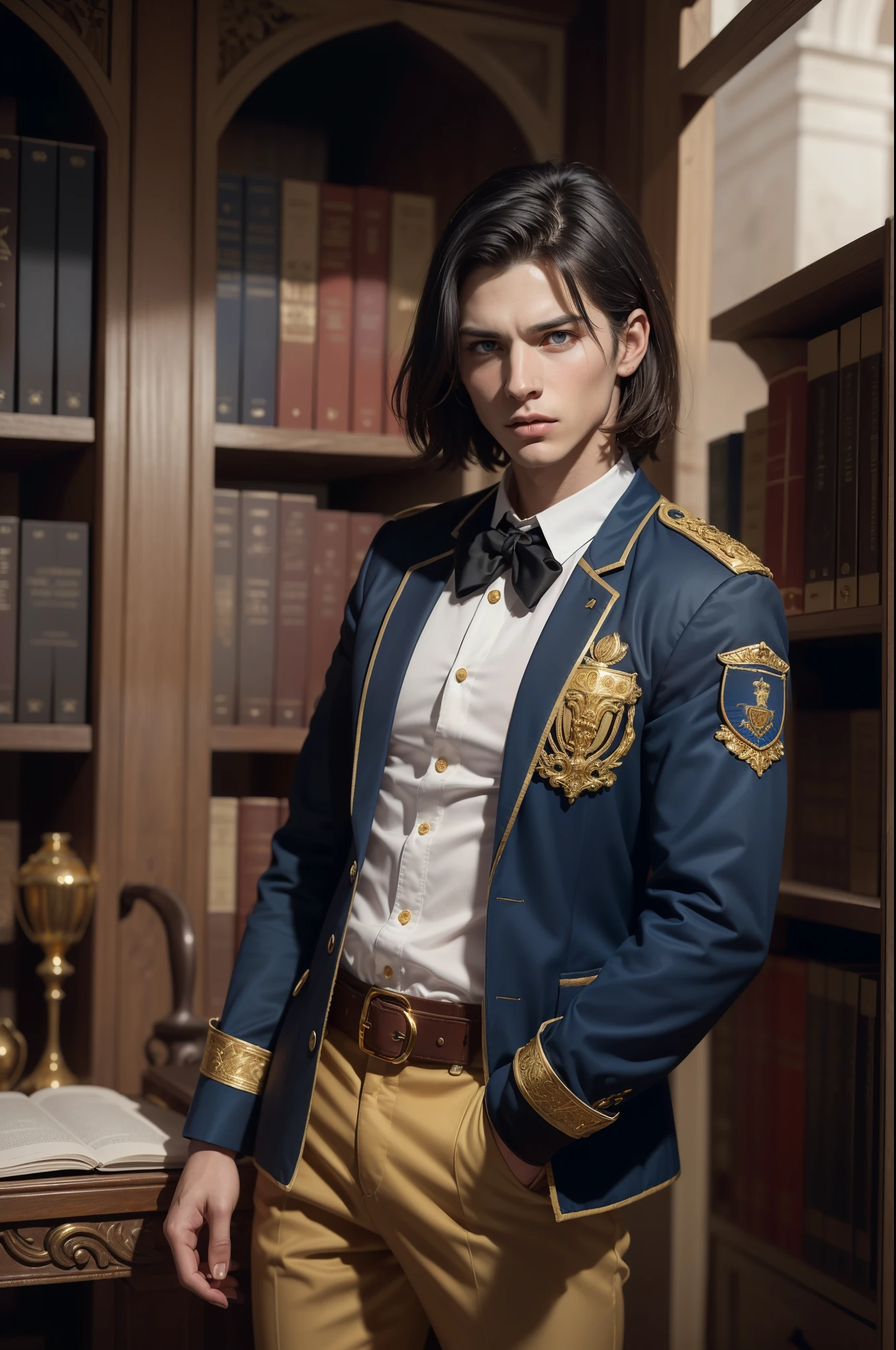 ((photorealism, high quality, detail, masterpiece, best quality:1.2)), (more than half of the body) Young strong (male aristocrat) (30 years old) (strong, athletic figure) from a fictional European medieval aristocracy, a student of the Academy of Magic, looks at us with angry eyes ... (he stands half-turned, hands in pockets), dressed in a student uniform, (dark blue) short jacket made of fabric ((gold trim, patch on the sleeve)), (brown) trousers, belt, white shirt, (black) (short hair)), blue eyes. Magical atmosphere, Magic Academy, ancient library, fantasy art, this work is done in very realistic colors.She is characterized by artistic expressiveness.