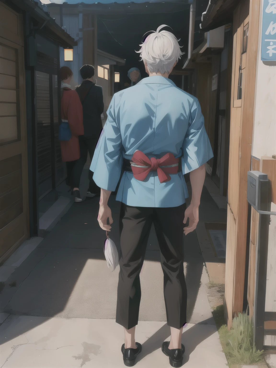 (Personagem de anime, High definition), homem, sozinho, 35 anos, (cabelos brancos), (cabelo quebrado), barba branca, (back view), standing, corpo inteiro, (Blue Japanese kimono), Quimono azul sem estampa, quimono sem estampa, quimono longo, black pants, black shoes, qualidade alta, well-defined features