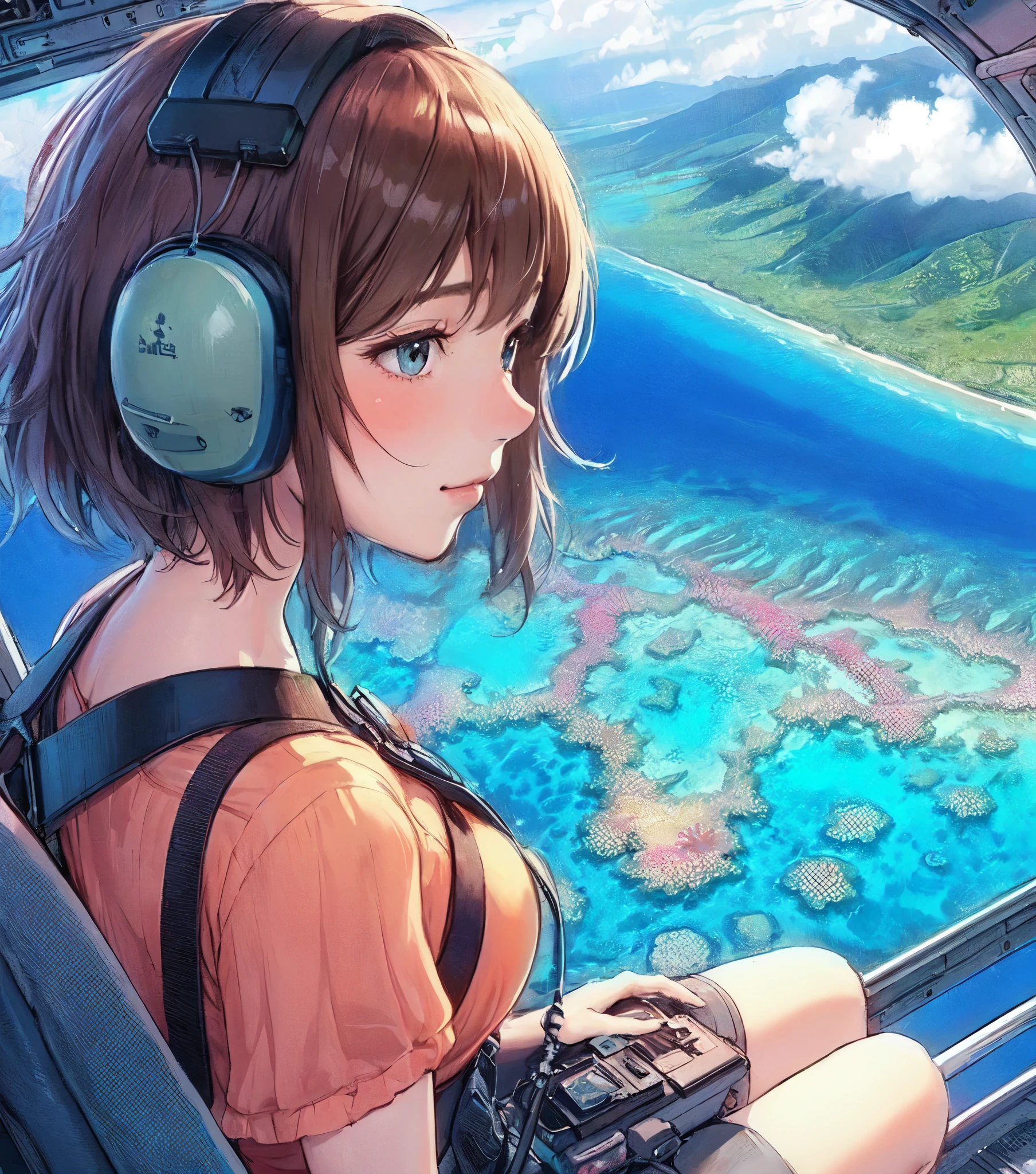 1lady solo, profile, sitting, (from side), (from above), (stylish calm outfit), mature female, /(brown hair/) bangs, (headphone), blush light smile, (masterpiece best quality:1.2) delicate illustration ultra-detailed, medium breasts, (wearing seatbelt) BREAK ((beautiful coral reef:1.2) and (blue sea) spread out below) BREAK (helicopter seat) indoors, window, coral reef, blue sea, detailed background