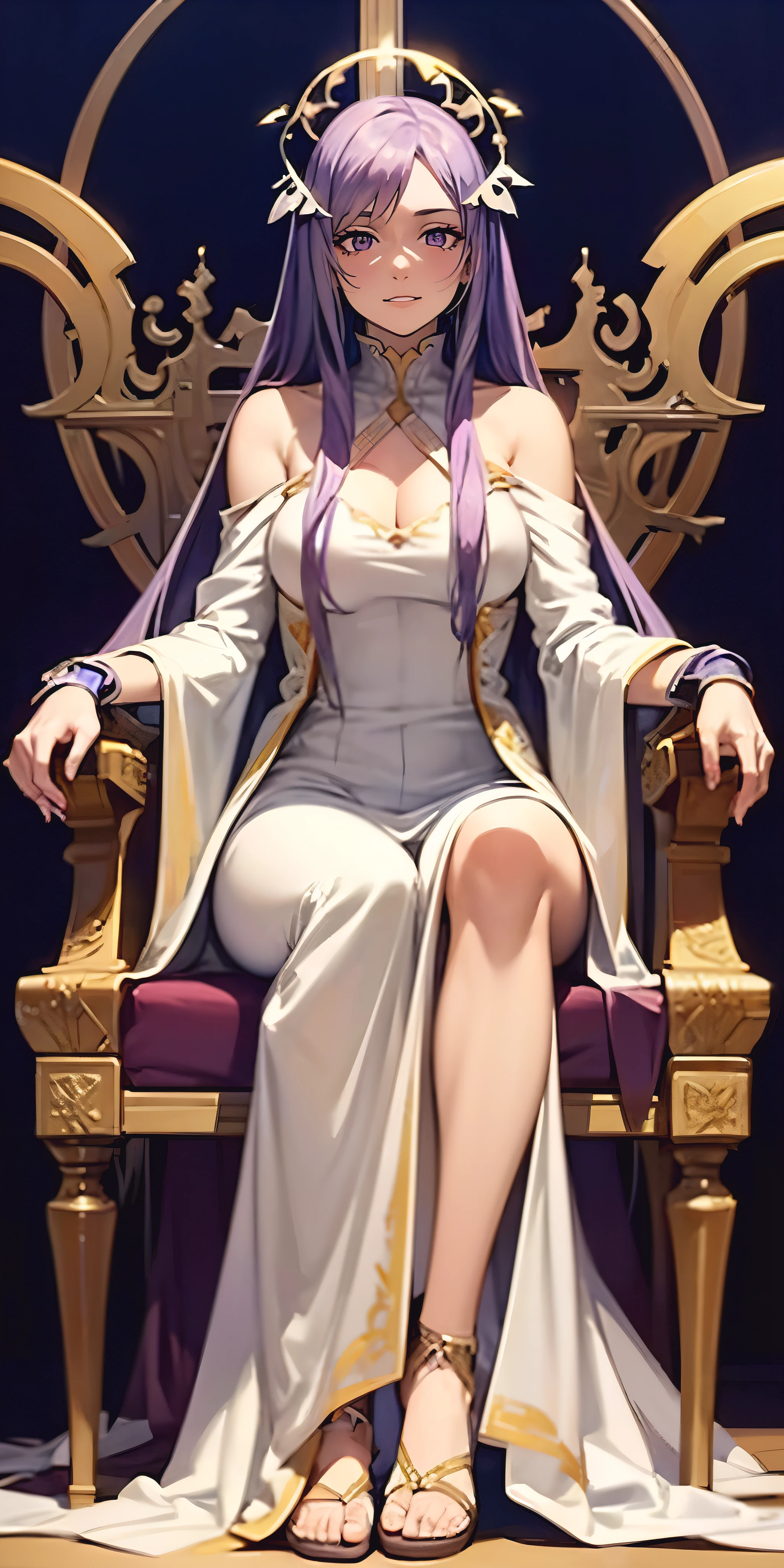 quinella, long hair, light purple hair, purple eyes, long hair, parted bangs, very long hair, hair ornament, 1girl, sitting, solo, jewelry, earrings, throne, dress, full_body, bare_shoulders, looking_at_viewer, crown, breasts, white_dress, simple_background, (shaded face:1.2), hollow eyes, purple eyes, looking at viewer, smirk, upper teeth, glowing eyes, "glow effects, godrays, Hand drawn, render, 8k, octane render, cinema 4d, blender, dark, atmospheric 4k ultra detailed, cinematic, Sharp focus, big depth of field, Masterpiece, colors, 3d octane render, 4k, concept art, trending on artstation, hyperrealistic, Vivid colors, extremely detailed CG unity 8k wallpaper, trending on CGSociety, Intricate, High Detail, dramatic"
