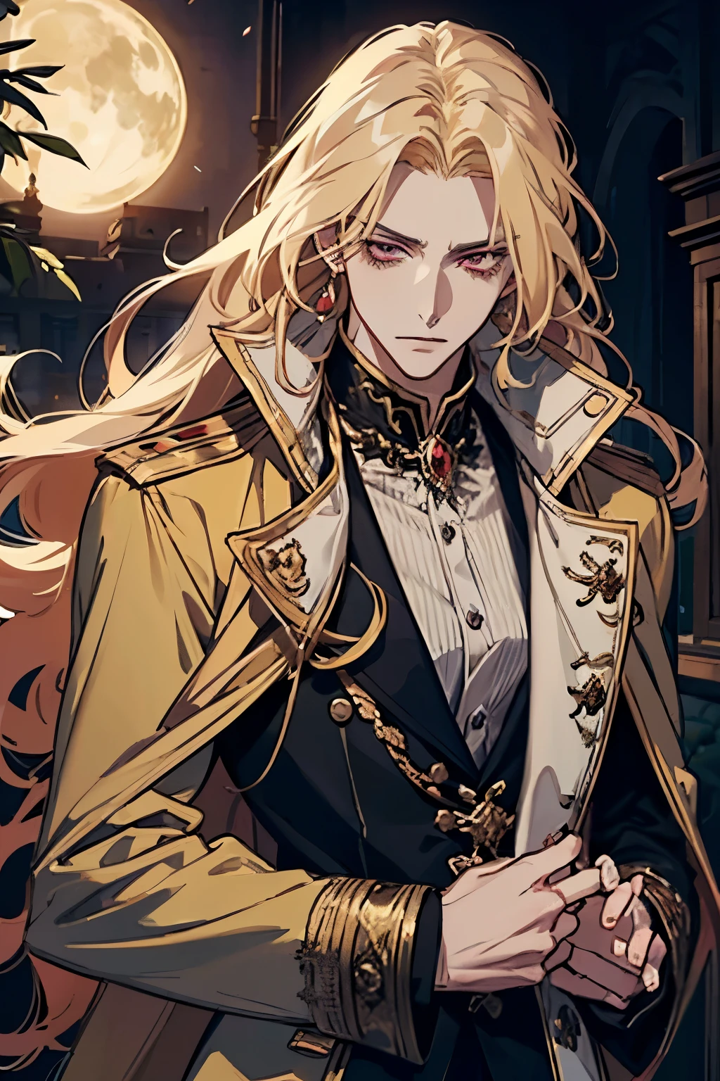 anime,  men ALONE, one man with long blonde hair, alucard, castelvania, beautiful androgynous prince, magical blond prince, delicate androgynous prince, handsome male vampire, detailed 30 year old male face, casimir art, anime handsome man, key anime art, vampire, male vampire, red eyes, sexy, attractive, full body, tongle, NO clothes, NO shirt, nudity, nude, naked, penis
