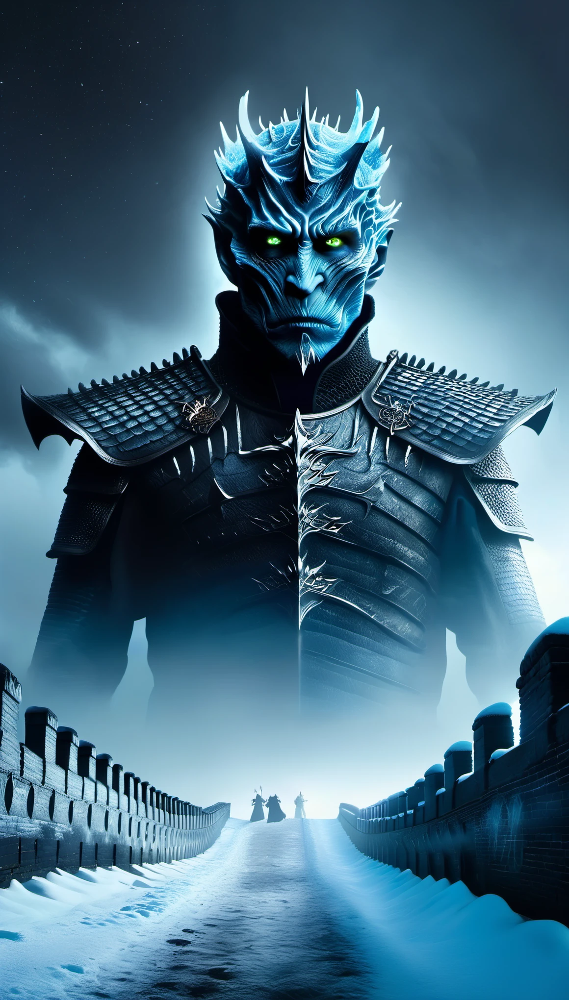 role conception，portrait，The appearance of the Night King is full of mystery、Cold and strong sense of power，The appearance of the Night King is very unique。His face is like a withered bone，Gives people a dead and cold feeling。His figure is like a long sword，Tall and straight，Revealing a kind of majesty and strength。His skin is whiter than milk，In stark contrast to his overall image。 The Night King&#39;s eyes are deep blue，Burning coldly like black ice，It gives an unfathomable feeling。There was a kind of coldness and cruelty in his eyes，suddenly white as fresh snow，Suddenly dark as a long night，Like the ever-changing night sky。The body is dotted with the deep gray green of the foreseems to be telling his mystery and power。 The weapon in the Night King&#39;s hand emits a strange faint blue light，A light that seems to shine in the darkness。In a fight，His weapons make sounds like animal wails that exceed the limits of human hearing.，It's scary。When the Night King Meets His Nemesis Dragonglass，He will bleed blue blood，This is one of his unique physical characteristics。《game of Thrones》Great Wall of China，one（Cliffs made entirely of ice and snow stretch for dozens of miles.：0.85），digitally rendered，Standing tall，become a strong barrier，（The Great Wall separates the Night&#39;s Watch from the White Walkers.），（Lots and lots of Night&#39;s Watch and armies of White Walkers），background：The wind is cold、Blizzard-raging environment，Create a sense of foreboding and danger。