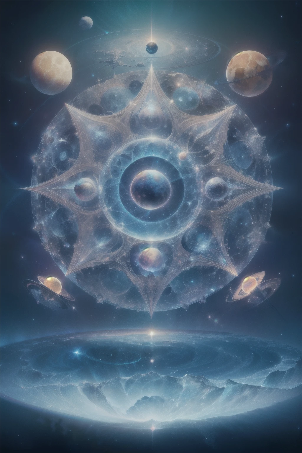a painting of a circular design with many planets in the background, Estructuras fractales sagradas, arte visionario style, apariencia astral, arte visionario, fractal sacred geometry, cosmic entity, en el plano astral ) ) ), greg escarabajo, obra de psytrance, inspirado en tomasz alen kopera, galactic dmt entity, astral plane, highly detailed arte visionario, cosmic illumination