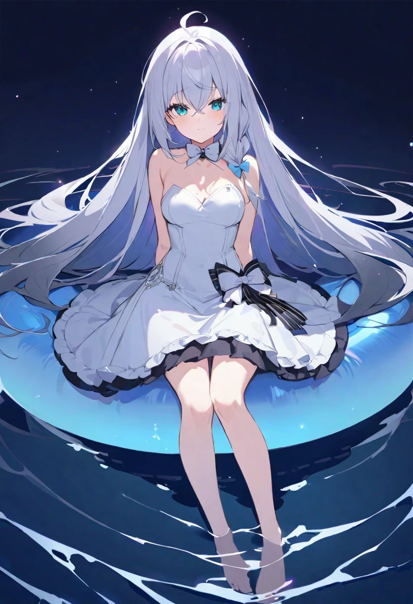 Shirakami Fubuki/(Holographic live broadcast/), Lilac gradient hair,asymmetrical hair,((Hair is very thick 1.8,Hair is well-defined1.6)), hair past shoulders, messy hair, very long hair, shiny hair,(long gray hair:1.2),a beautiful girl,(Luxurious Platinum Mini ta,Made of transparent material),(Transparent clothes transparent 1.8),Perfect body,high and high,slim,(looks sad,Looking haggard、pale ,sad,shut your mouth:1.2) Against the backdrop of an unusually bright dark starry sky,(Put your hands behind your back),(round, medium large, firm breasts),barefoot,float,water surface,(long legs,long legs,long legs,Perfect leg shape),full-body shot。