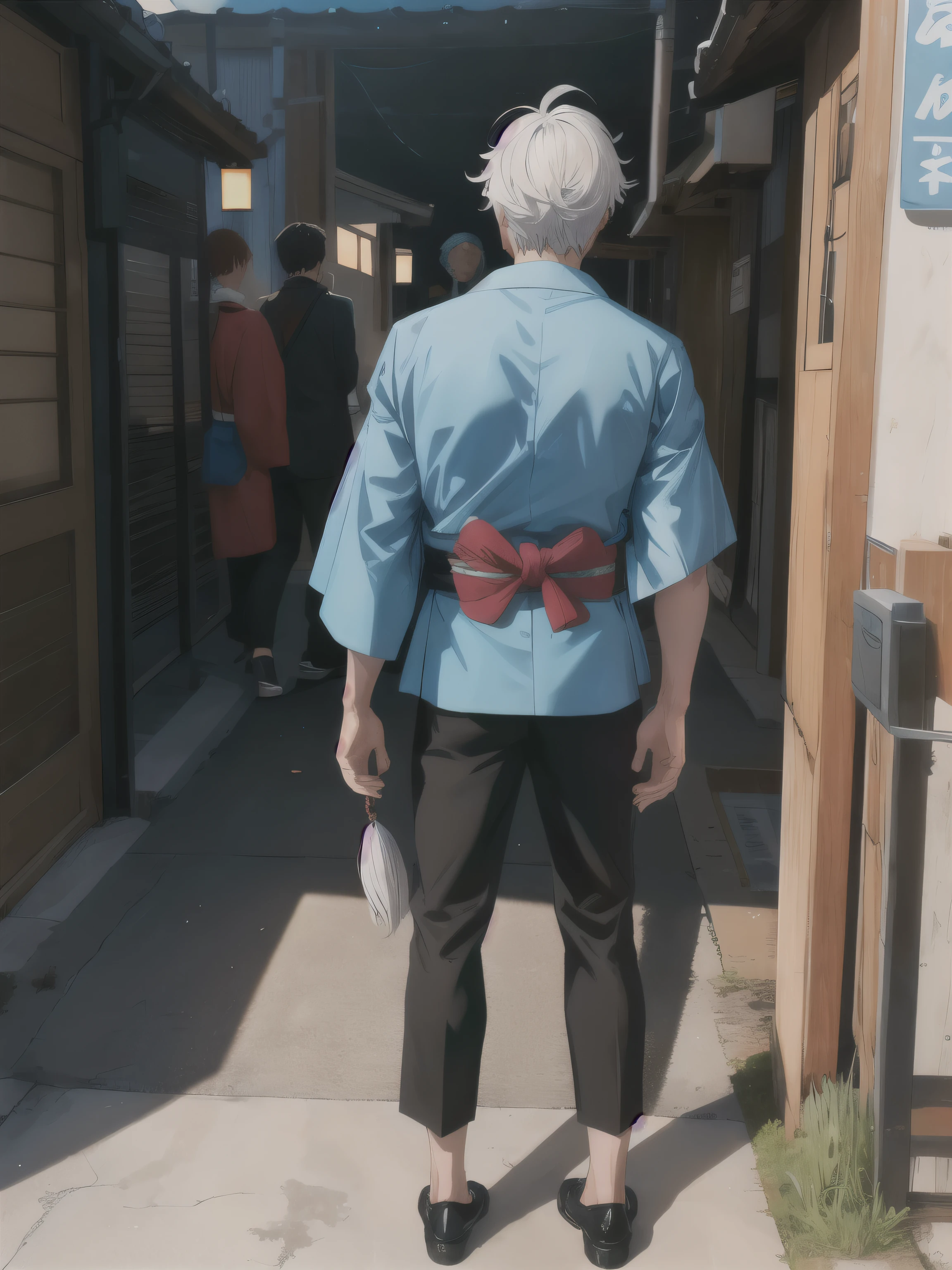 (Personagem de anime, High definition), homem, sozinho, 35 anos, (cabelos brancos), (cabelo quebrado), barba branca, (vista traseira), Standing, corpo inteiro, (Blue Japanese kimono), quimono azul sem estampa, quimono sem estampa, quimono longo, black pants, Sapatos pretos, qualidade alta, recursos bem definidos