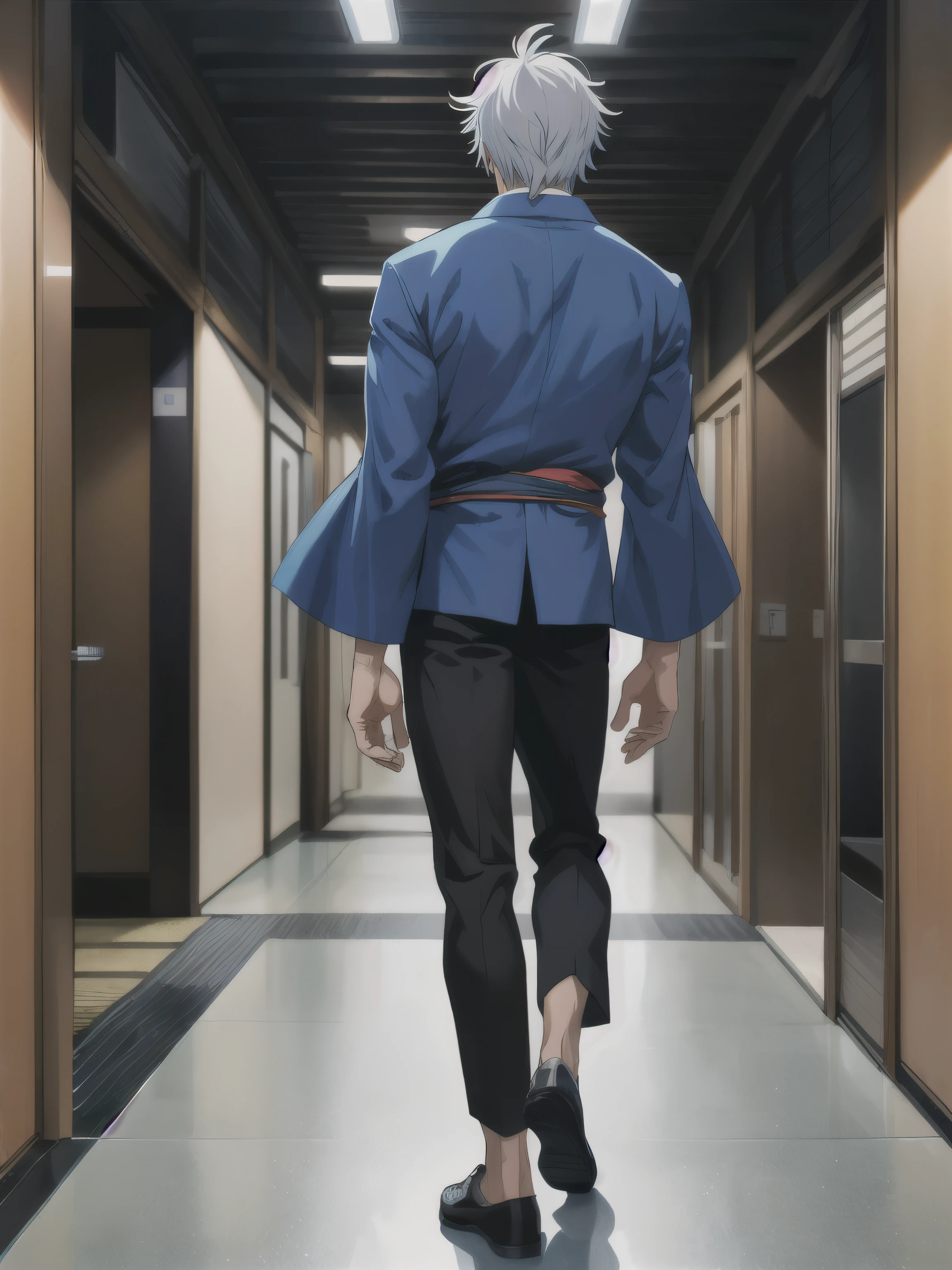 (Personagem de anime, High definition), homem, sozinho, 35 anos, (cabelos brancos), cabelo quebrado, (vista traseira), Standing, corpo inteiro, (Quimono azul), (Casaco comprido), quimono azul sem estampa, quimono sem estampa, black pants, Sapatos pretos, qualidade alta, recursos bem definidos