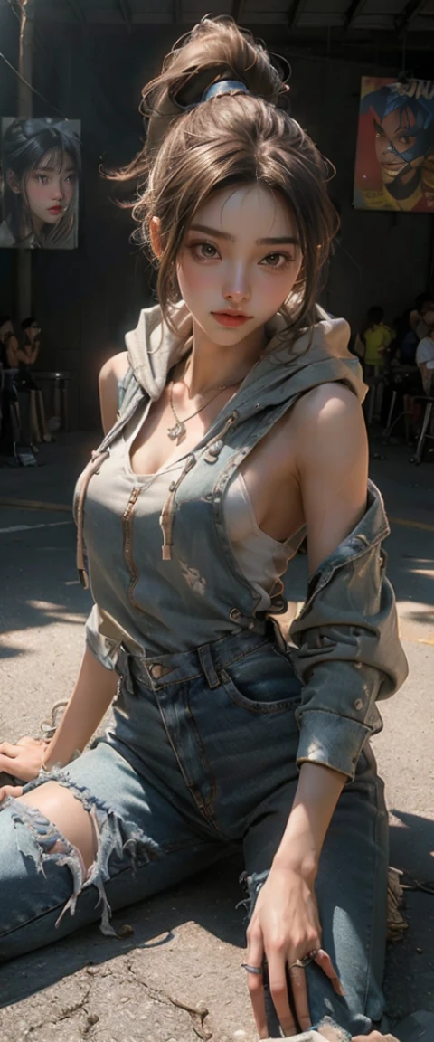 masterpiece、highest quality、High resolution、photorealistic、High resolution、Raw photo、 Bare Skin, Athletic Well Toned Body, slender hot body, Elegant Form, tan Skin, working at a field outside, overalls, Beautiful Face, Octane Render, Digital Art, Extreme Detail, 4k, Ultra Hd, Polished, Beautiful, Hyperdetailed, Intricate, Elaborate, Meticulous, Photorealistic, Sharp Focus, Wlop, Character Design, Unreal Engine, 3d Rendered, Volumetric Lighting, Reflections, Glossy, Digital Illustration, Sensual Pose, Suggestive Pose, Lewd, Full Body Shot, anatomically correct、((1girl、A woman wearing a hoodie, ripped jeans and sneakers is sitting on the ground、Colorful and vibrant graffiti in the background、detailed face and eyes、beautiful face、ponytail、shiny skin、realistic skin texture、shine of necklace、dynamic pose、look at the audience、 big breasts、big ass))、