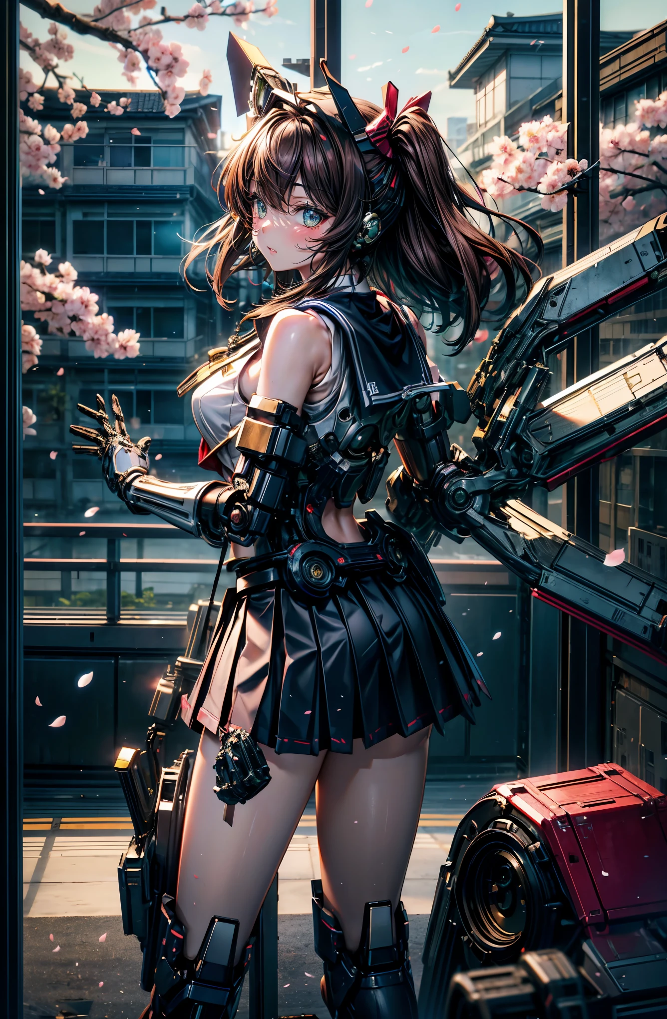 hyper quality、8K quality、High resolution、Image quality taken with a single-lens reflex camera、SFW、perfect anatomy、green eyes、Sad face、Mecha girl of justice、Beautiful girl with dark brown hair、big breasts、Mechanical parts with a three-dimensional feel、（exposed thighs、tights、back:1.2）(navy pleated mini skirt、Short white and navy sailor suit 1.2)(Mechanical parts below the elbow and below the knee:1.3)BREAK、（perfect anatomy:1.4）(Looking back、backwards:1.4)BREAK(graduation ceremony、School、Inside the classroom where you can see cherry blossoms from the window)