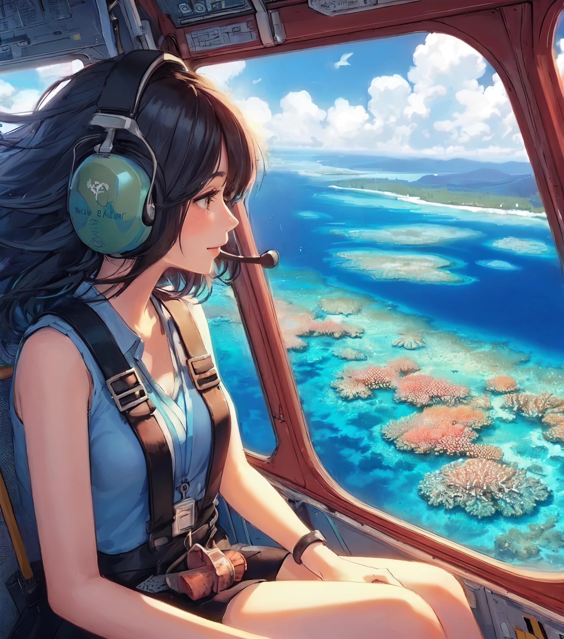 1lady solo, profile, sitting, (from side), (from above), (looking down at coral reef), (stylish calm outfit), mature female, /(black hair/) bangs, (headphone), light smile, (masterpiece best quality:1.2) delicate illustration ultra-detailed, medium breasts, (wearing seatbelt) BREAK ((beautiful coral reef:1.2) and (blue sea) spread out below) BREAK (helicopter seat) indoors, window, coral reef, blue sea, detailed background