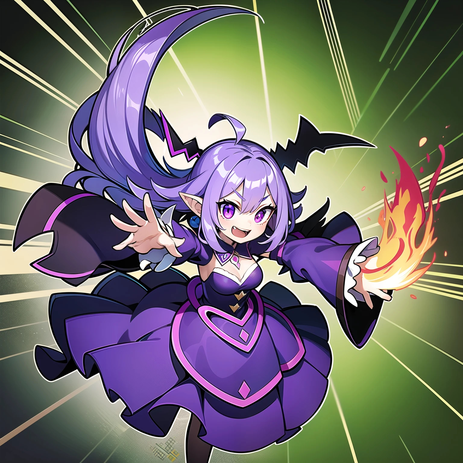 ghost, (monster girl), purple skin, peak, spiky purple hair, burst out laughing, floating hands, Wearing a dark purple dress, floating in mid air, masterpiece, best quality