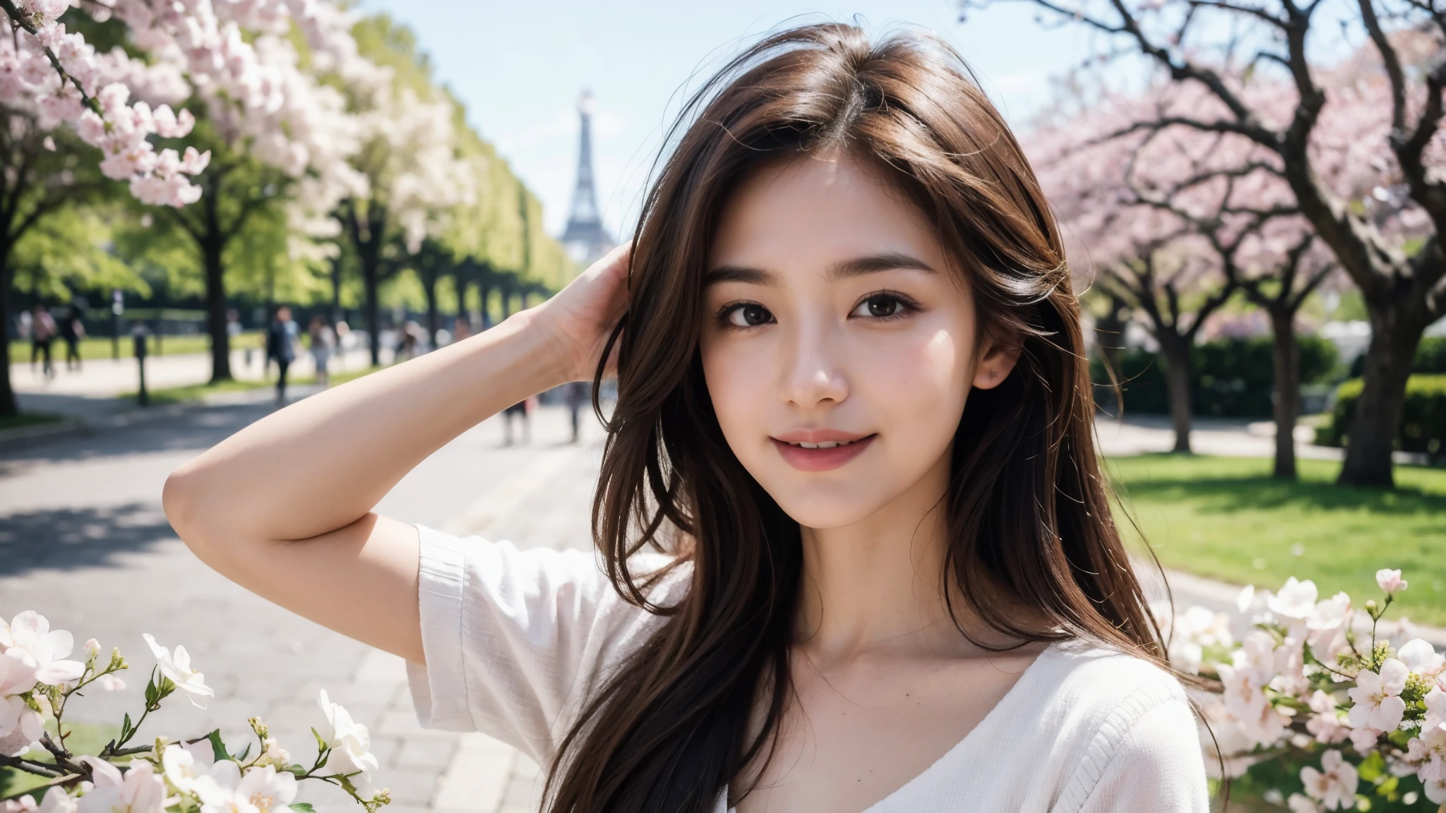 masterpiece, Best Quality, Photorealistic, Ultra-detailed, finely detailed, High resolution, 8K Wallpaper, 1 beautiful woman, light brown hair, sharp focus, Perfect dynamic composition, Beautiful detailed eyes, detailed hairs, Detailed realistic skin texture, Smiling, portrait, Model body type, Take a walk in the park with cherry blossoms and Eiffel Tower background,