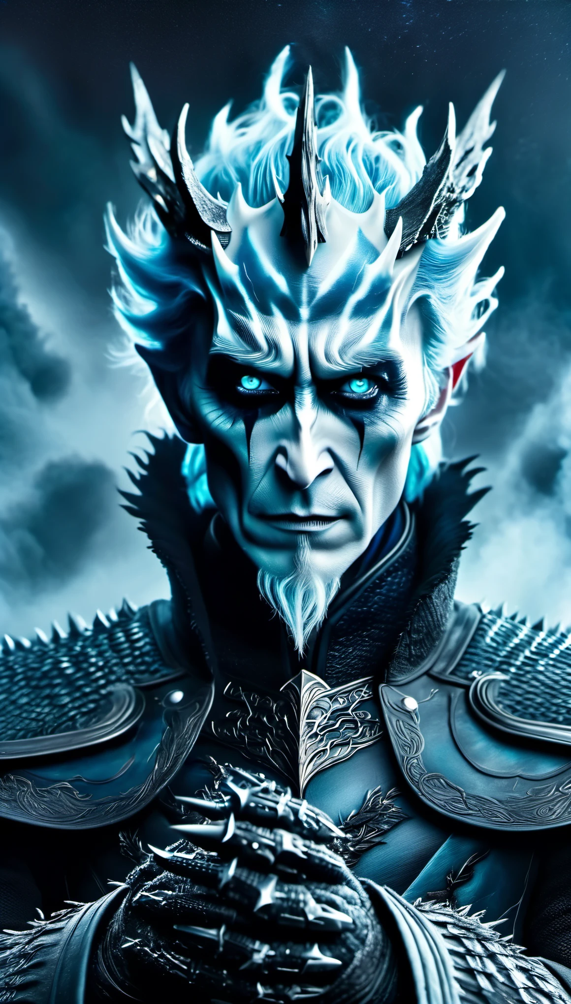 aerial photography,role conception,portrait,The appearance of the Night King is full of mystery、Cold and strong sense of power,The appearance of the Night King is very unique。His face is like a withered bone,Gives people a dead and cold feeling。His figure is like a long sword,Tall and straight,Revealing a kind of majesty and strength。His skin is whiter than milk,In stark contrast to his overall image。 The Night King's eyes are deep blue,Burning coldly like black ice,It gives an unfathomable feeling。There was a kind of coldness and cruelty in his eyes,suddenly white as fresh snow,Suddenly dark as a long night,Like the ever-changing night sky。The body is dotted with the deep gray green of the foreseems to be telling his mystery and power。 The weapon in the Night King's hand emits a strange faint blue light,A light that seems to shine in the darkness。In a fight,His weapons make sounds like animal wails that exceed the limits of human hearing.,It's scary。When the Night King Meets His Nemesis Dragonglass,He will bleed blue blood,This is one of his unique physical characteristics。