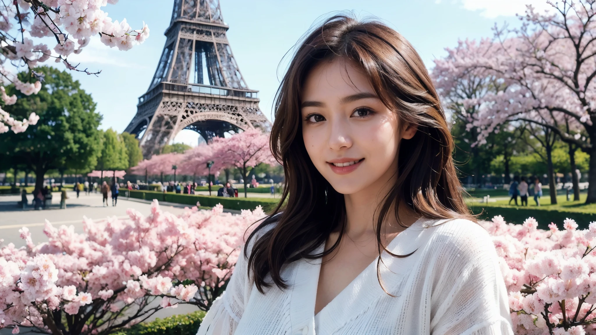 masterpiece, Best Quality, Photorealistic, Ultra-detailed, finely detailed, High resolution, 8K Wallpaper, 1 beautiful woman, light brown hair, sharp focus, Perfect dynamic composition, Beautiful detailed eyes, detailed hairs, Detailed realistic skin texture, Smiling, portrait, Model body type, Take a walk in the park with cherry blossoms and Eiffel Tower background,