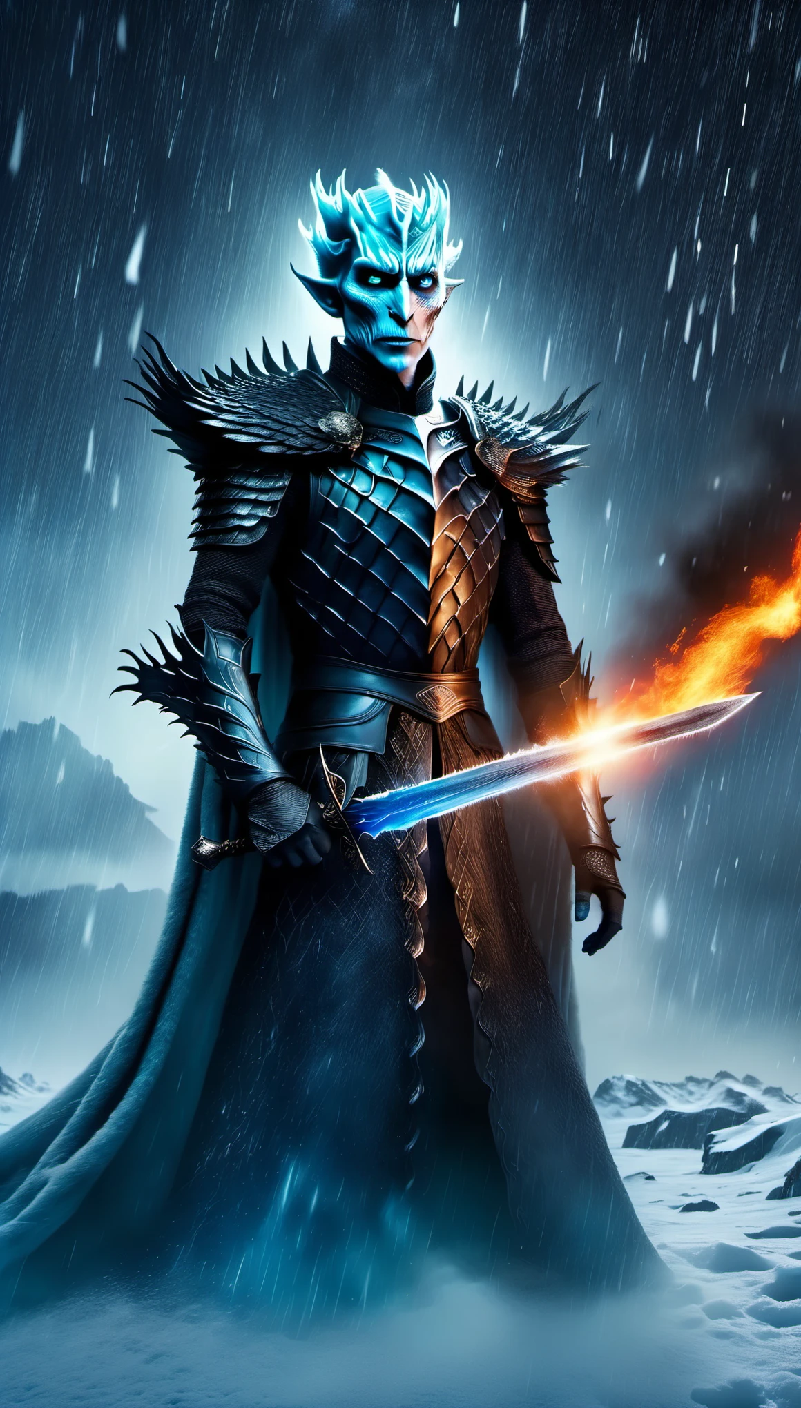 aerial photography,role conception,portrait,The appearance of the Night King is full of mystery、Cold and strong sense of power,The appearance of the Night King is very unique。His face is like a withered bone,Gives people a dead and cold feeling。His figure is like a long sword,Tall and straight,Revealing a kind of majesty and strength。His skin is whiter than milk,In stark contrast to his overall image。 The Night King's eyes are deep blue,Burning coldly like black ice,It gives an unfathomable feeling。There was a kind of coldness and cruelty in his eyes,suddenly white as fresh snow,Suddenly dark as a long night,Like the ever-changing night sky。The body is dotted with the deep gray green of the foreseems to be telling his mystery and power。 The weapon in the Night King's hand emits a strange faint blue light,A light that seems to shine in the darkness。In a fight,His weapons make sounds like animal wails that exceed the limits of human hearing.,It's scary。When the Night King Meets His Nemesis Dragonglass,He will bleed blue blood,This is one of his unique physical characteristics。