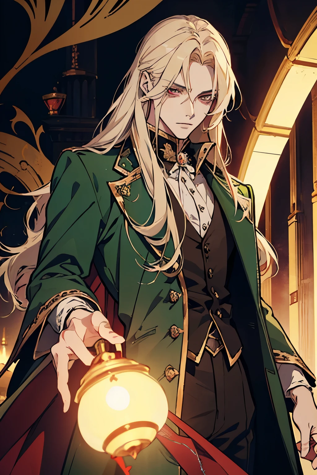anime, a man with long blonde hair and a green coat, alucard, castelvania, beautiful androgynous prince, magical blond prince, delicate androgynous prince, handsome male vampire, casimir art, anime handsome man, key anime art, l vampire, fin wildcloak, johan liebert mixed with alucard, male vampire, red eyes, detailed 30 year old male face