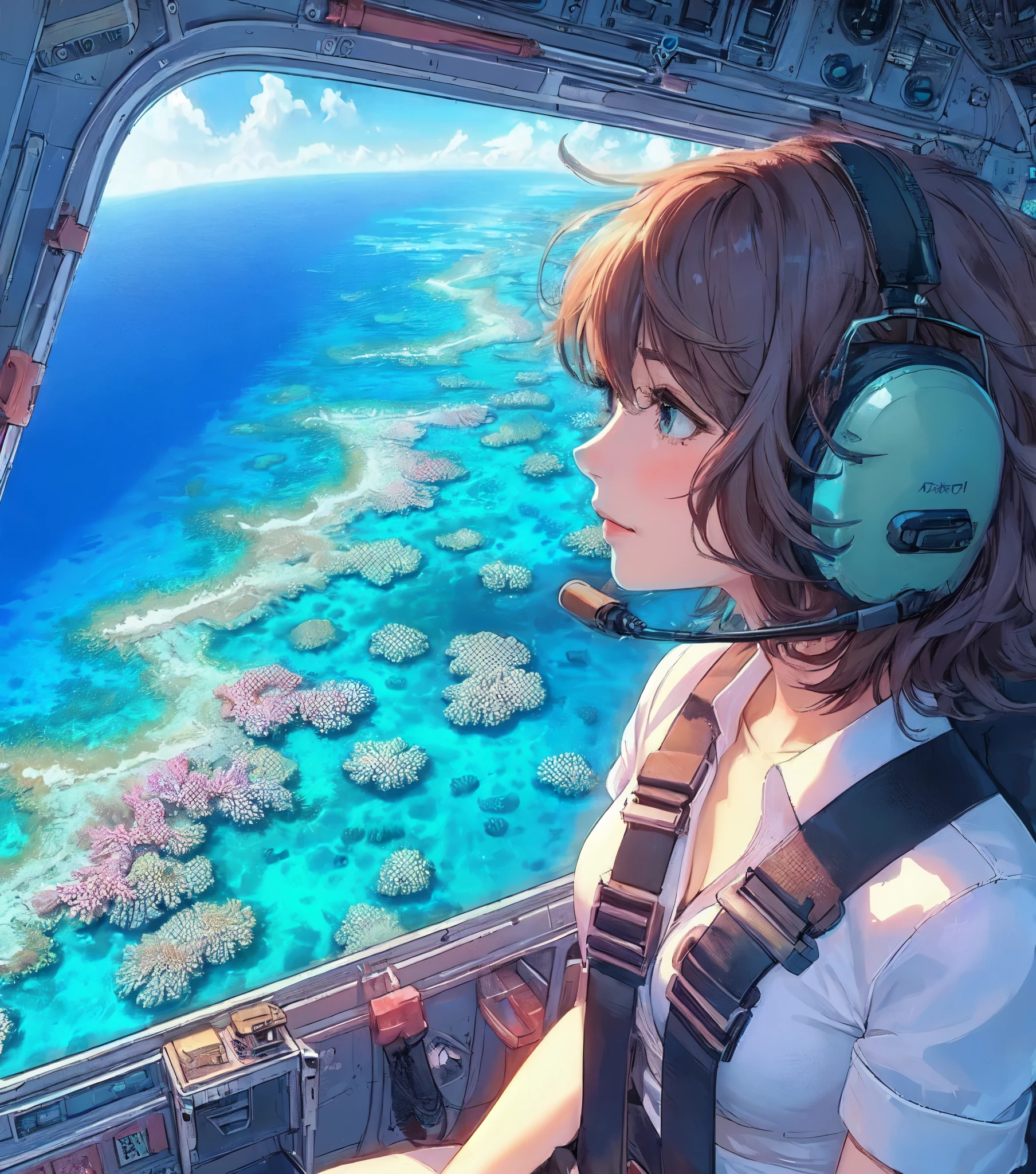 1lady solo, profile, sitting, (from side), (from above), (looking down at coral reef), (stylish calm outfit), mature female, /(light brown hair/) bangs, (headphone), blush light smile, (masterpiece best quality:1.2) delicate illustration ultra-detailed, medium breasts, (wearing seatbelt) BREAK ((beautiful coral reef:1.2) and (blue sea) spread out below) BREAK (helicopter seat) indoors, window, coral reef, blue sea, detailed background