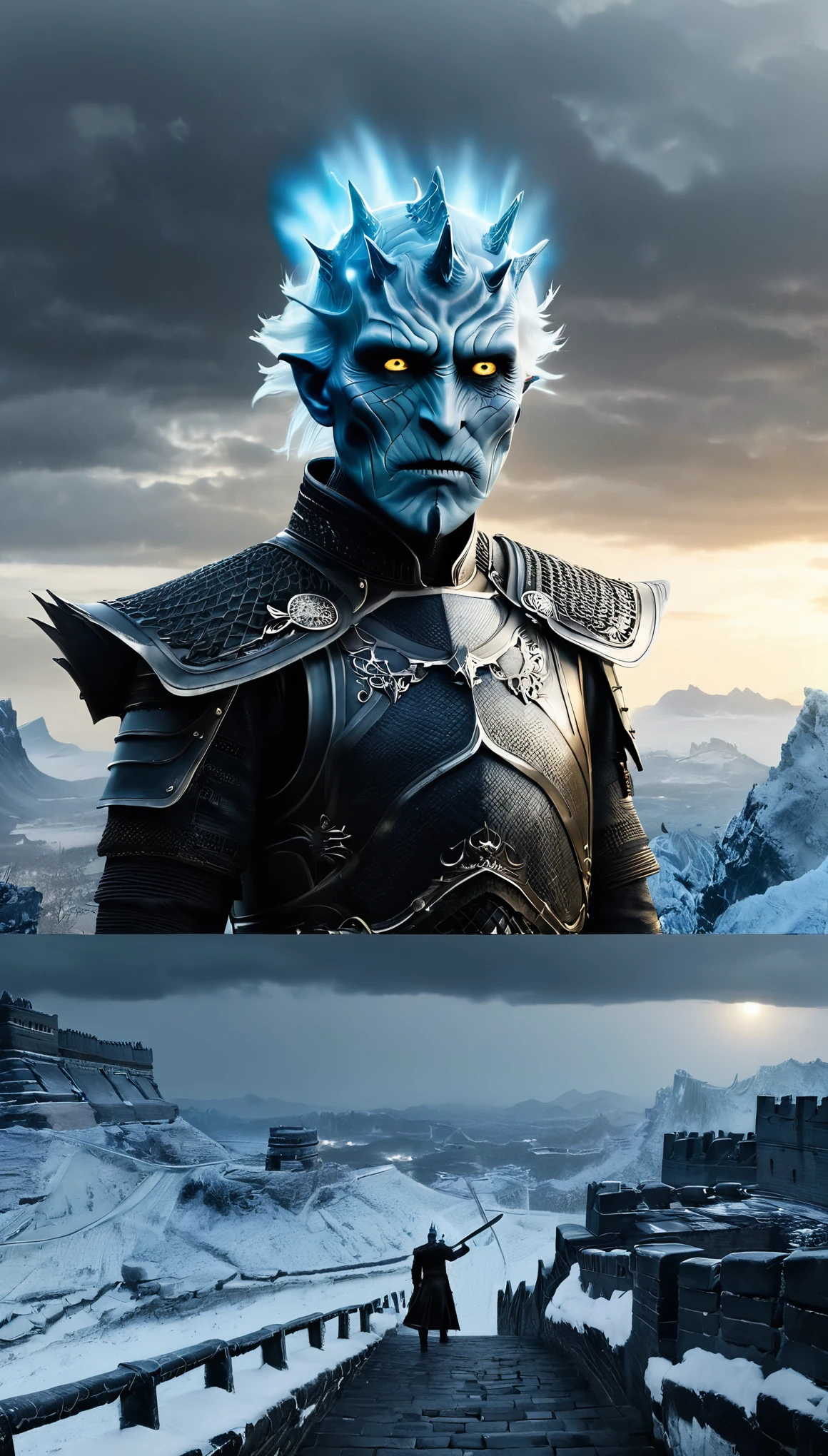 role conception，portrait，The appearance of the Night King is full of mystery、Cold and strong sense of power，The appearance of the Night King is very unique。His face is like a withered bone，Gives people a dead and cold feeling。His figure is like a long sword，Tall and straight，Revealing a kind of majesty and strength。His skin is whiter than milk，In stark contrast to his overall image。 The Night King&#39;s eyes are deep blue，Burning coldly like black ice，It gives an unfathomable feeling。There was a kind of coldness and cruelty in his eyes，suddenly white as fresh snow，Suddenly dark as a long night，Like the ever-changing night sky。The body is dotted with the deep gray green of the foreseems to be telling his mystery and power。 The weapon in the Night King&#39;s hand emits a strange faint blue light，A light that seems to shine in the darkness。In a fight，His weapons make sounds like animal wails that exceed the limits of human hearing.，It's scary。When the Night King Meets His Nemesis Dragonglass，He will bleed blue blood，This is one of his unique physical characteristics。《game of Thrones》Great Wall of China，one（Cliffs made entirely of ice and snow stretch for dozens of miles.：0.85），digitally rendered，Standing tall，become a strong barrier，（The Great Wall separates the Night&#39;s Watch from the White Walkers.），（Lots and lots of Night&#39;s Watch and armies of White Walkers），background：The wind is cold、Blizzard-raging environment，Create a sense of foreboding and danger。